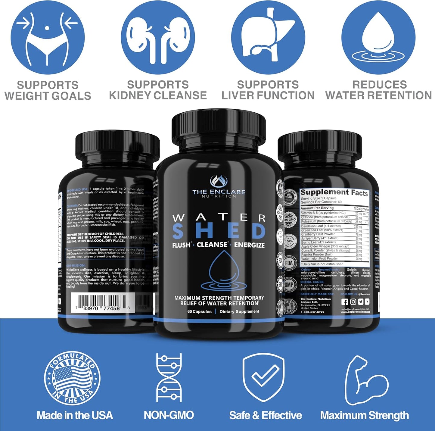 Enclare Nutrition Watershed Max Strength Water Pills for Diuretic Relief and Detox - Liver, Kidney, Weight Management - 1 Bottle