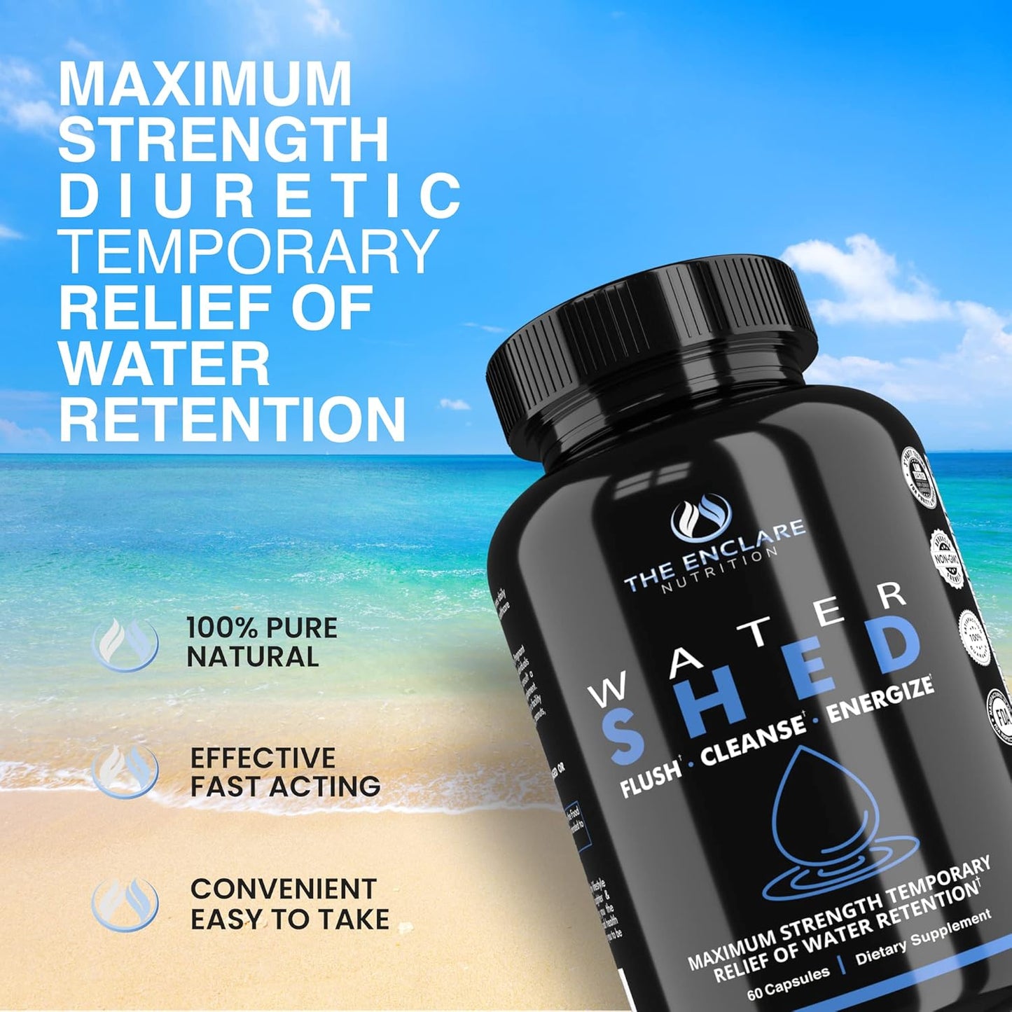 Enclare Nutrition Watershed Max Strength Water Pills for Diuretic Relief and Detox - Liver, Kidney, Weight Management - 1 Bottle