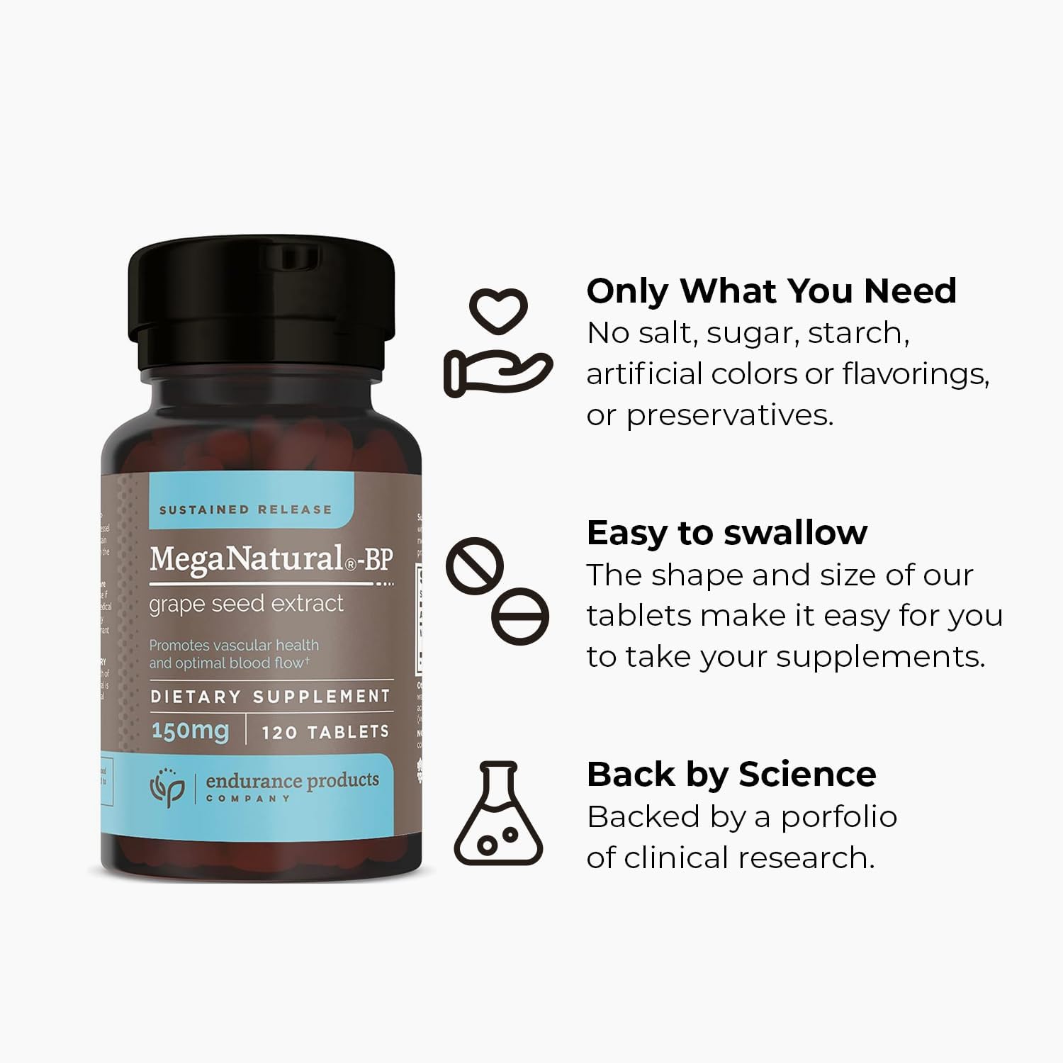 Endurance Products MegaNatural BP Grape Seed Extract Supplements - Sustained-release Herbal Supplement for Energy Support, 150mg, 120 Tablets
