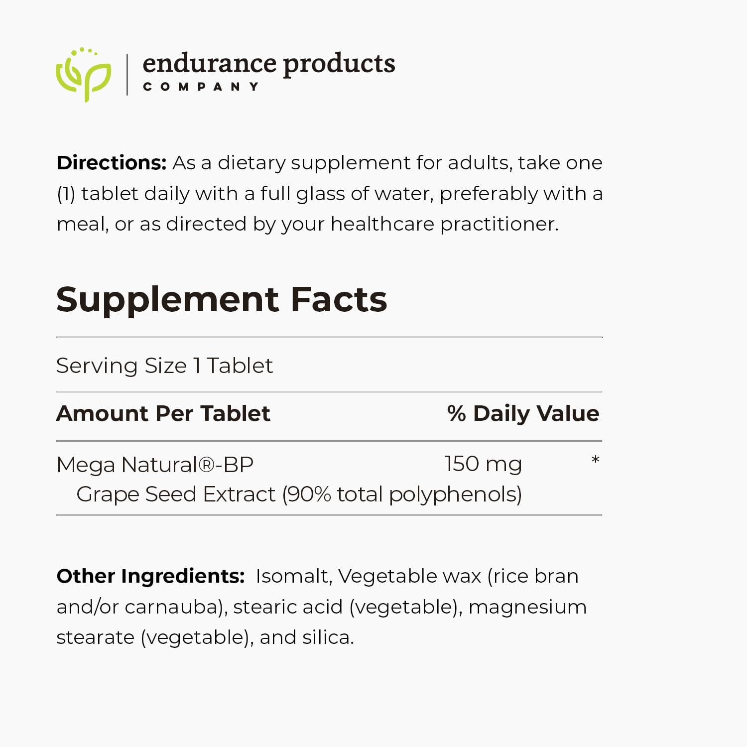 Endurance Products MegaNatural BP Grape Seed Extract Supplements - Sustained-release Herbal Supplement for Energy Support, 150mg, 120 Tablets