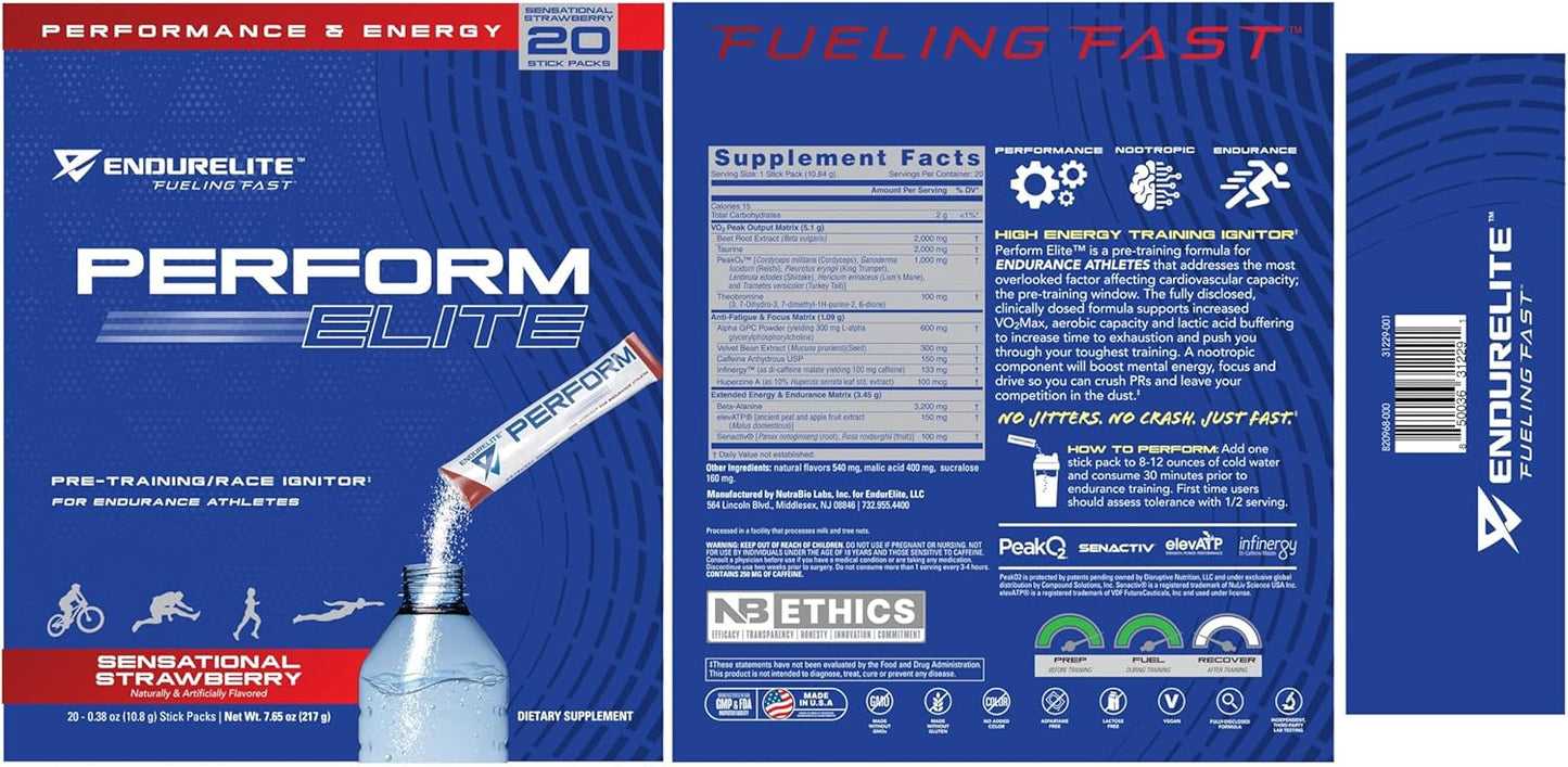 EndurElite Perform Elite Pre-Workout Powder - 20 Servings, Strawberry Flavor - Supplement for Endurance Athletes