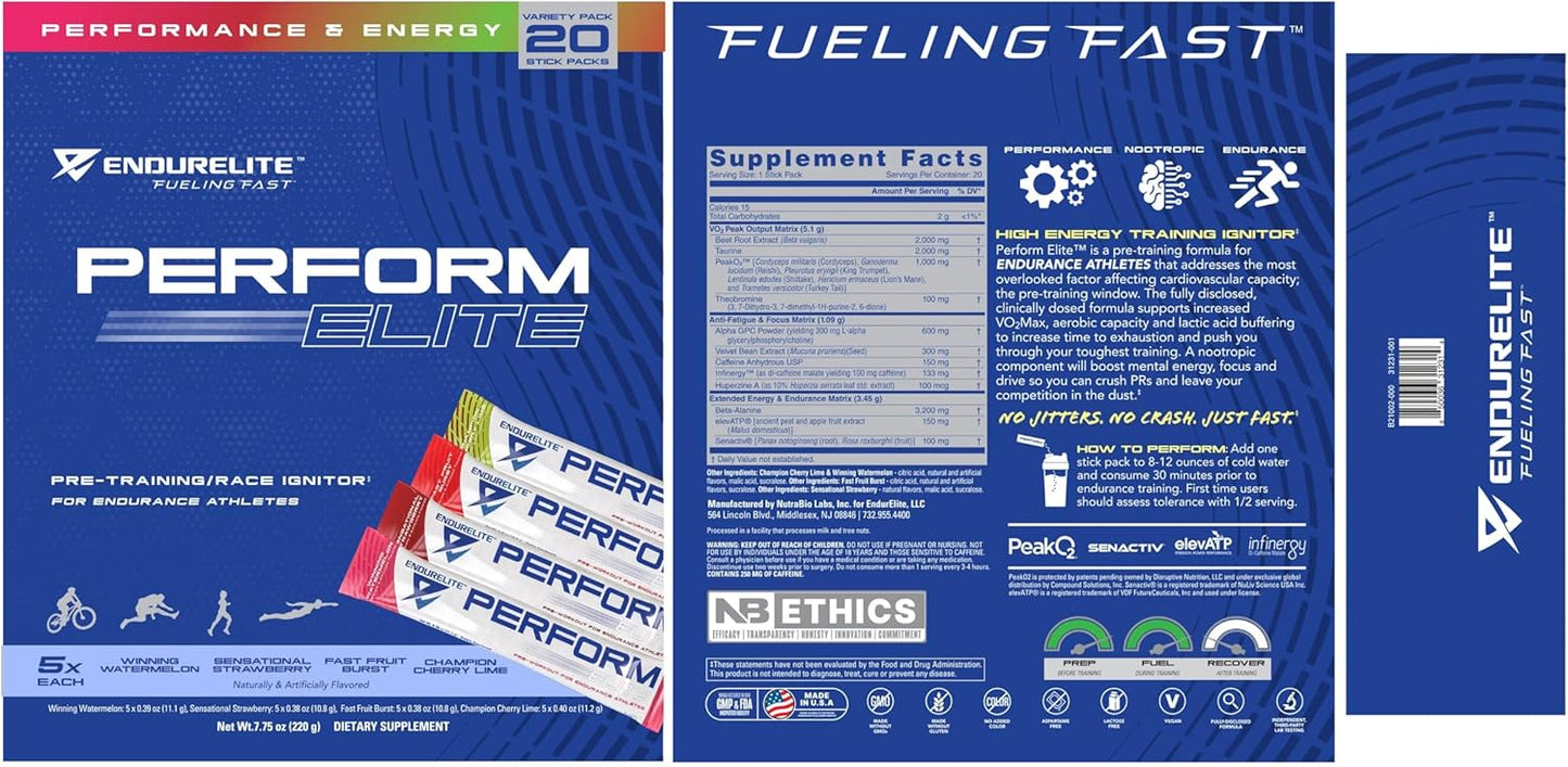 EndurElite Perform Elite Pre-Workout Powder Supplement for Endurance Athletes - 20 Servings Variety Pack