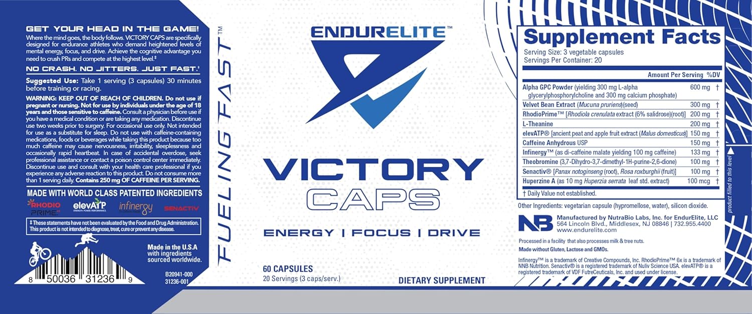 EndurElite Victory Caps: Pre Workout Supplement for Endurance, Strength, Crossfit, and Cross Training - 60 Capsules