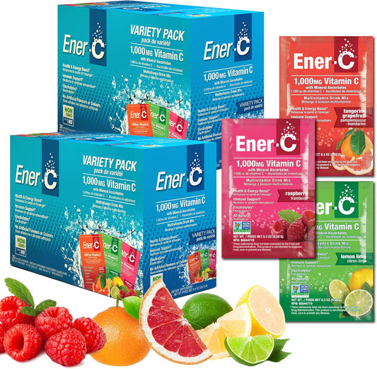 Ener-C Variety Pack Multivitamin Drink Mix Powder with Vitamin C 1000mg & Electrolytes - Natural Energy & Immune Support - Non-GMO Vegan & Gluten Free - 60 Count