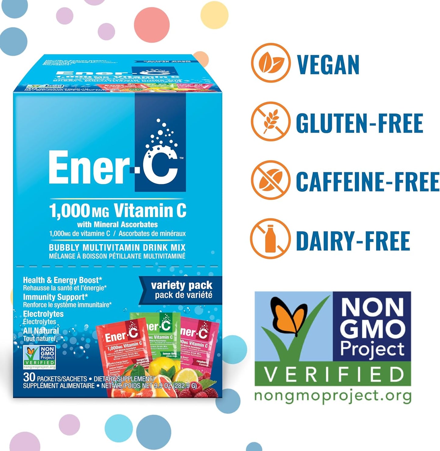 Ener-C Variety Pack Multivitamin Drink Mix Powder with Vitamin C 1000mg & Electrolytes - Natural Energy & Immune Support - Non-GMO Vegan & Gluten Free - 60 Count