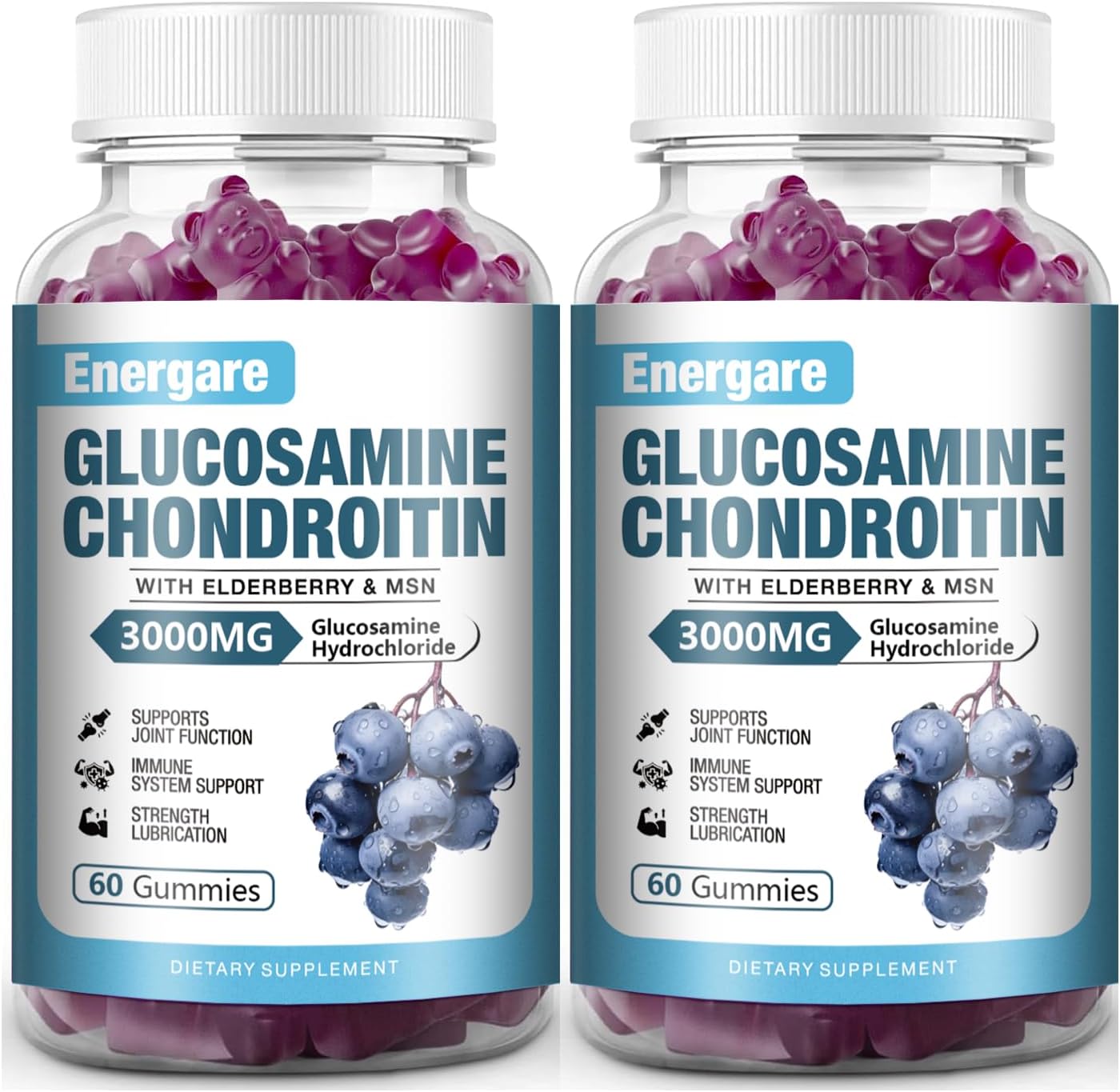 Energare 3000mg Glucosamine Chondroitin MSM Gummies with Elderberry, Joint Support & Immune Supplement for Adults - 2 Pack, 120 Gummies