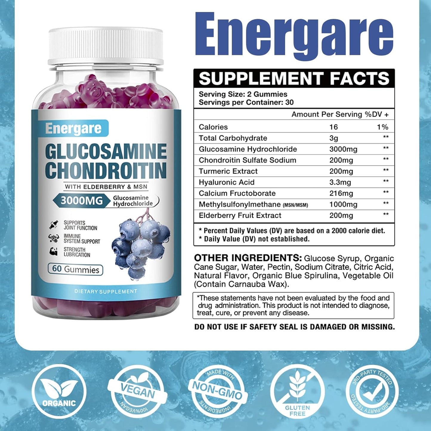 Energare 3000mg Glucosamine Chondroitin MSM Gummies with Elderberry, Joint Support & Immune Supplement for Adults - 2 Pack, 120 Gummies