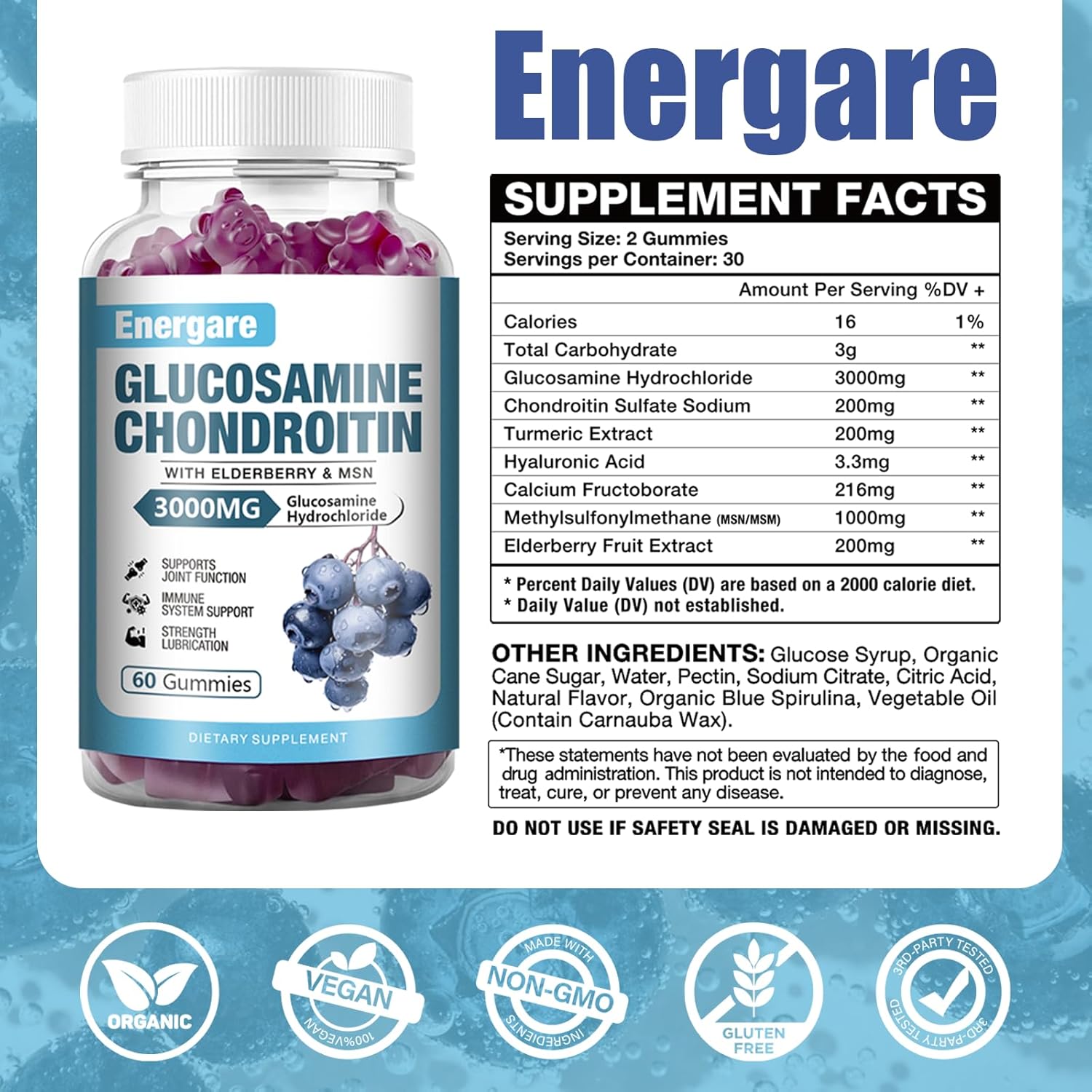 Energare 3000mg Glucosamine Chondroitin MSM Gummies with Elderberry, Joint Support & Immune Supplement for Adults - 2 Pack, 120 Gummies