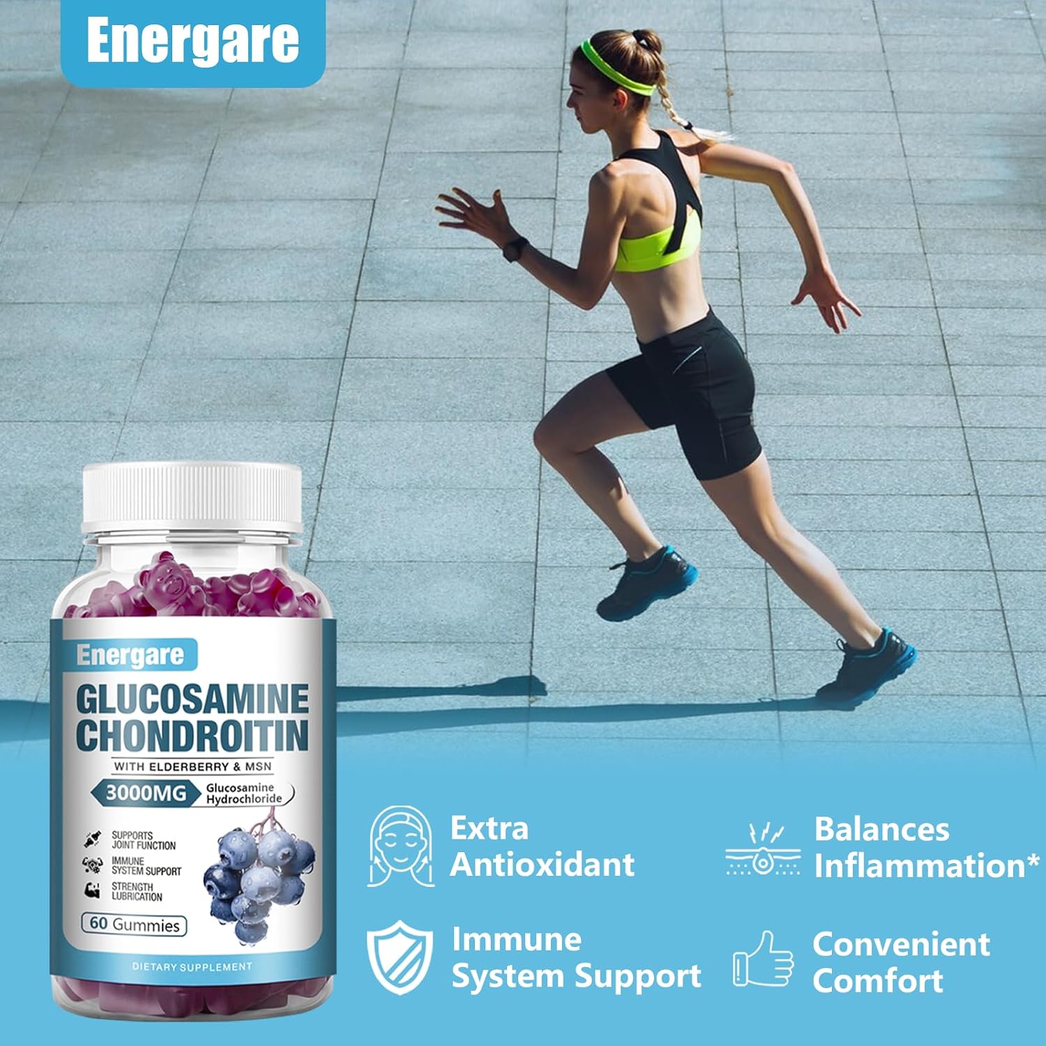 Energare 3000mg Glucosamine Chondroitin MSM Gummies with Elderberry, Joint Support & Immune Supplement for Adults - 2 Pack, 120 Gummies