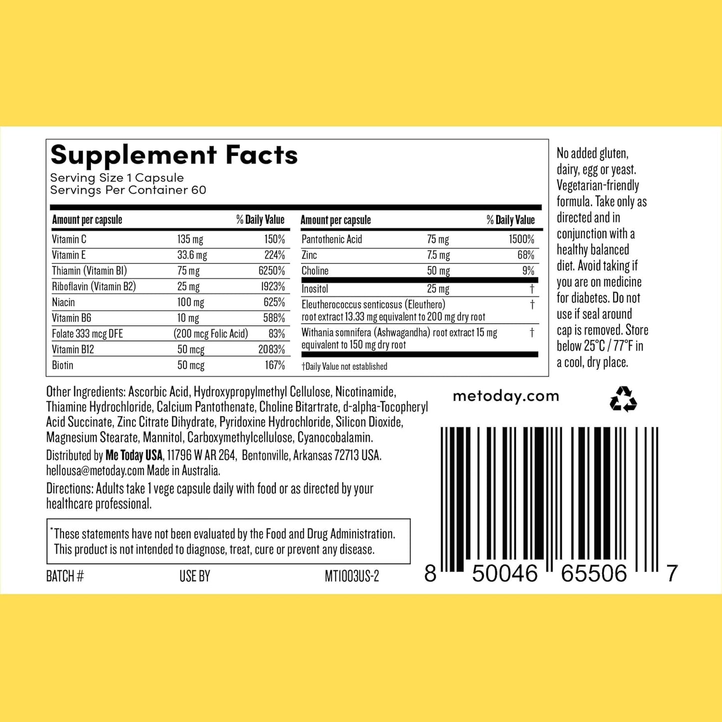 Energise Supplement with High Strength B Vitamins, Vitamin C, Ashwagandha, and Zinc - 60 Capsules, Vegan Formula