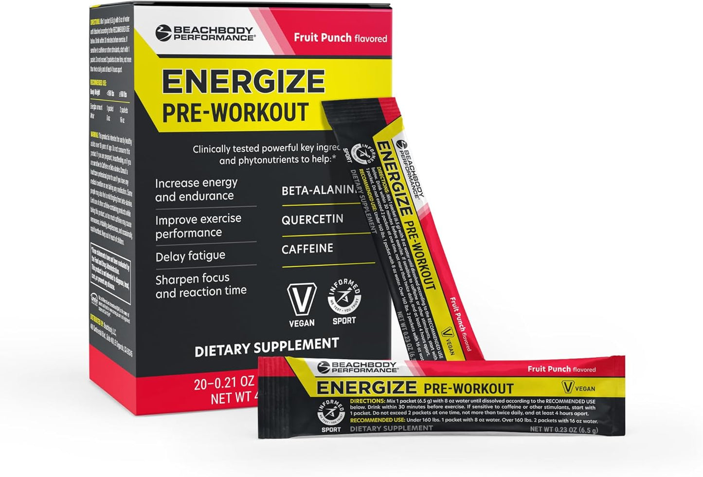 Energize Pre Workout Powder with Beta-Alanine, Quercetin, & Caffeine for Energy & Focus - Fruit Punch, 20 Sticks