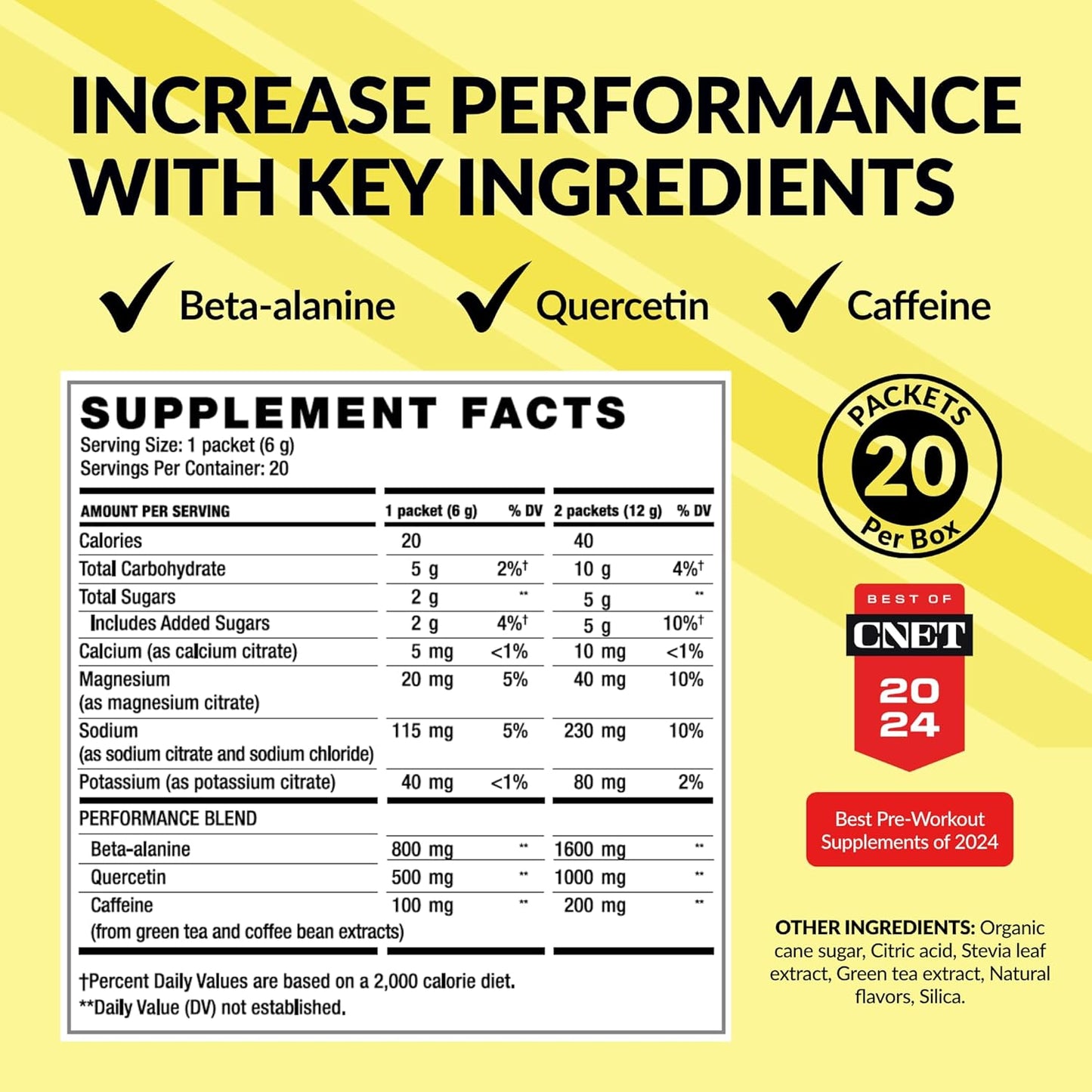 Energize Pre Workout Powder with Beta-Alanine, Quercetin, and Caffeine for Energy and Focus - Lemon Flavored, 20 Sticks