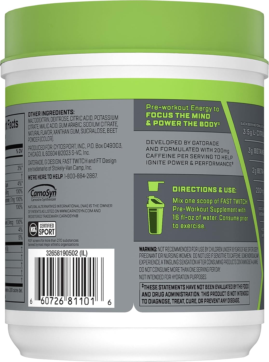Energizing Caffeinated Pre-Workout Supplement Mix, Fruit Punch Flavor, 1.01lb Canister - Fast Twitch