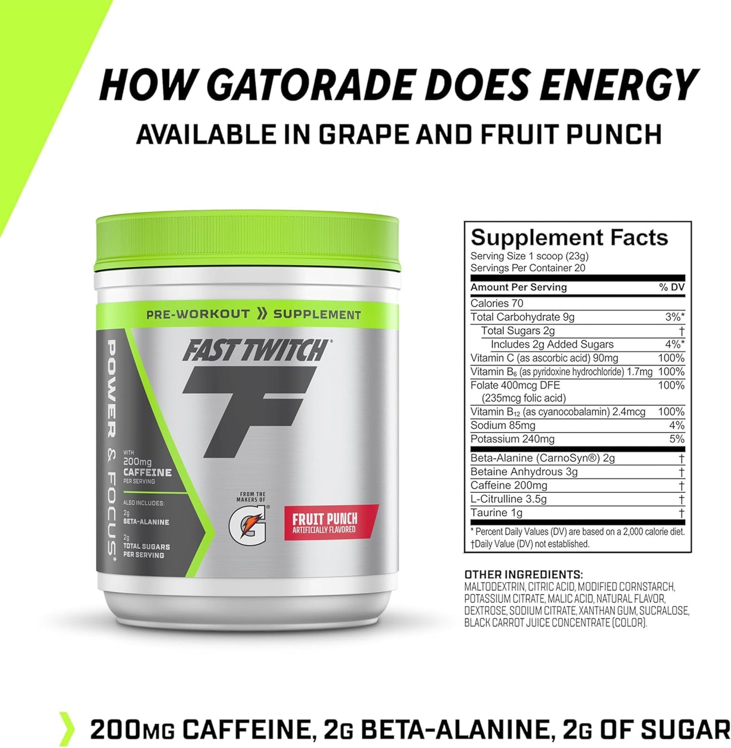 Energizing Caffeinated Pre-Workout Supplement Mix, Fruit Punch Flavor, 1.01lb Canister - Fast Twitch