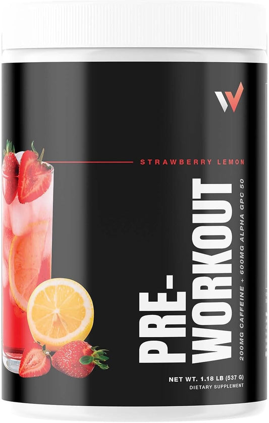 Energizing Pre Workout Powder for Peak Performance - Sugar-Free Blend with l Theanine, Beta-Alanine, and B-Vitamins - Strawberry Lemon Flavor for Men & Women