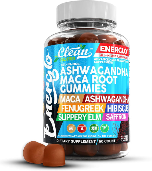 Energlo by Clean Nutra: Peach Flavored Vegan Gummy Vitamins with Ashwagandha, Maca Root, Fenugreek, and More