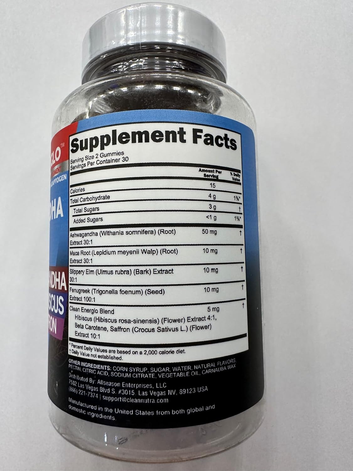 Energlo by Clean Nutra: Peach Flavored Vegan Gummy Vitamins with Ashwagandha, Maca Root, Fenugreek, and More