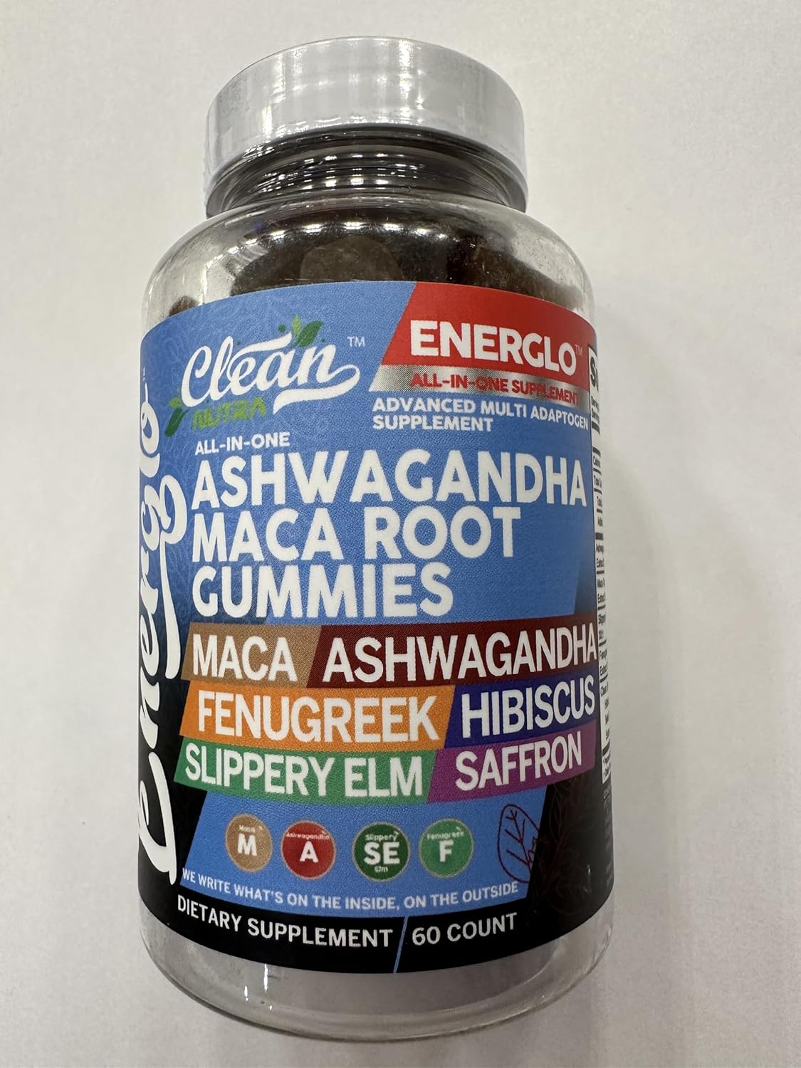 Energlo by Clean Nutra: Peach Flavored Vegan Gummy Vitamins with Ashwagandha, Maca Root, Fenugreek, and More