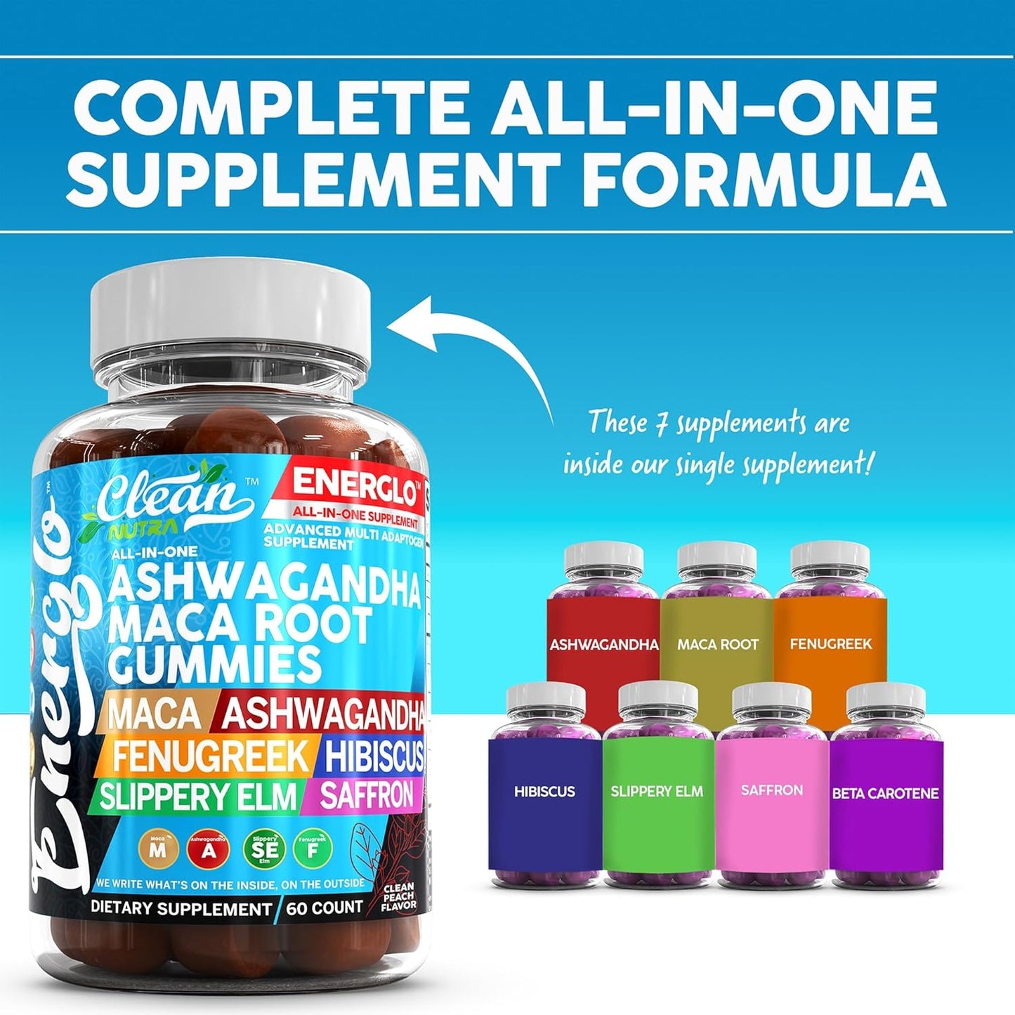 Energlo by Clean Nutra: Peach Flavored Vegan Gummy Vitamins with Ashwagandha, Maca Root, Fenugreek, and More