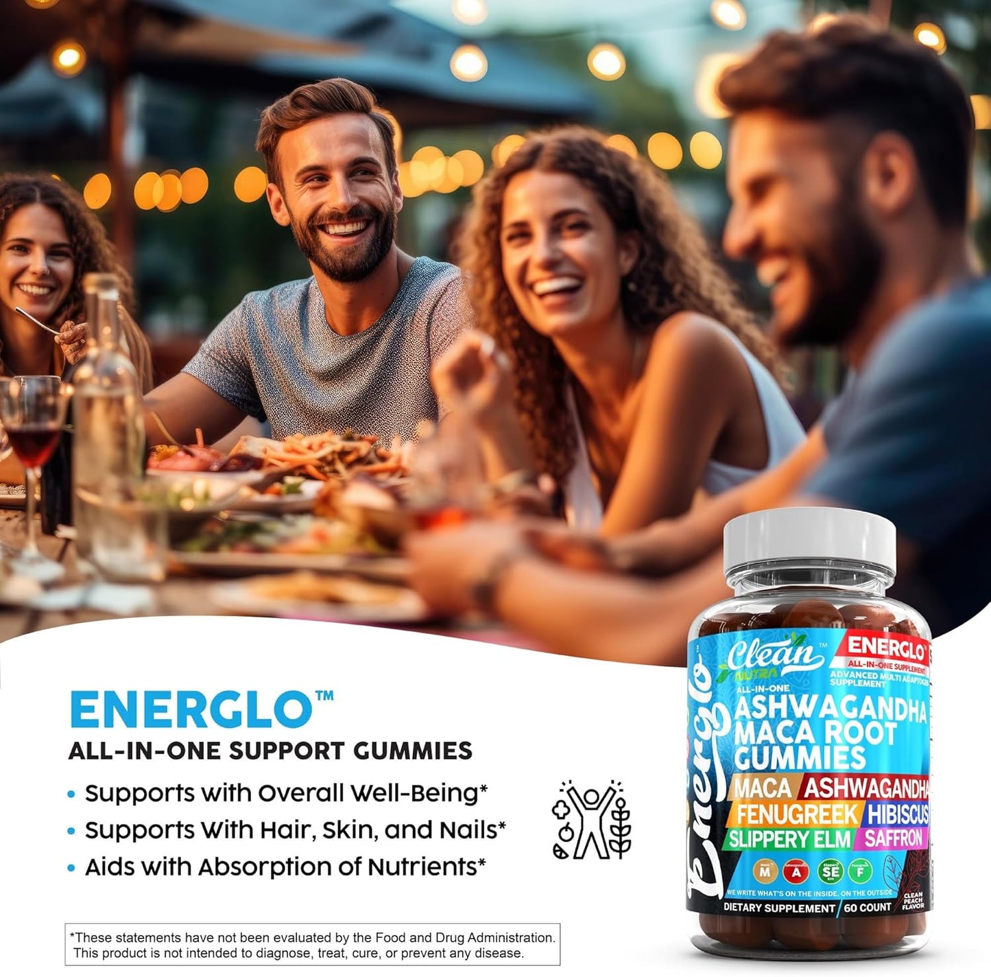 Energlo by Clean Nutra: Peach Flavored Vegan Gummy Vitamins with Ashwagandha, Maca Root, Fenugreek, and More