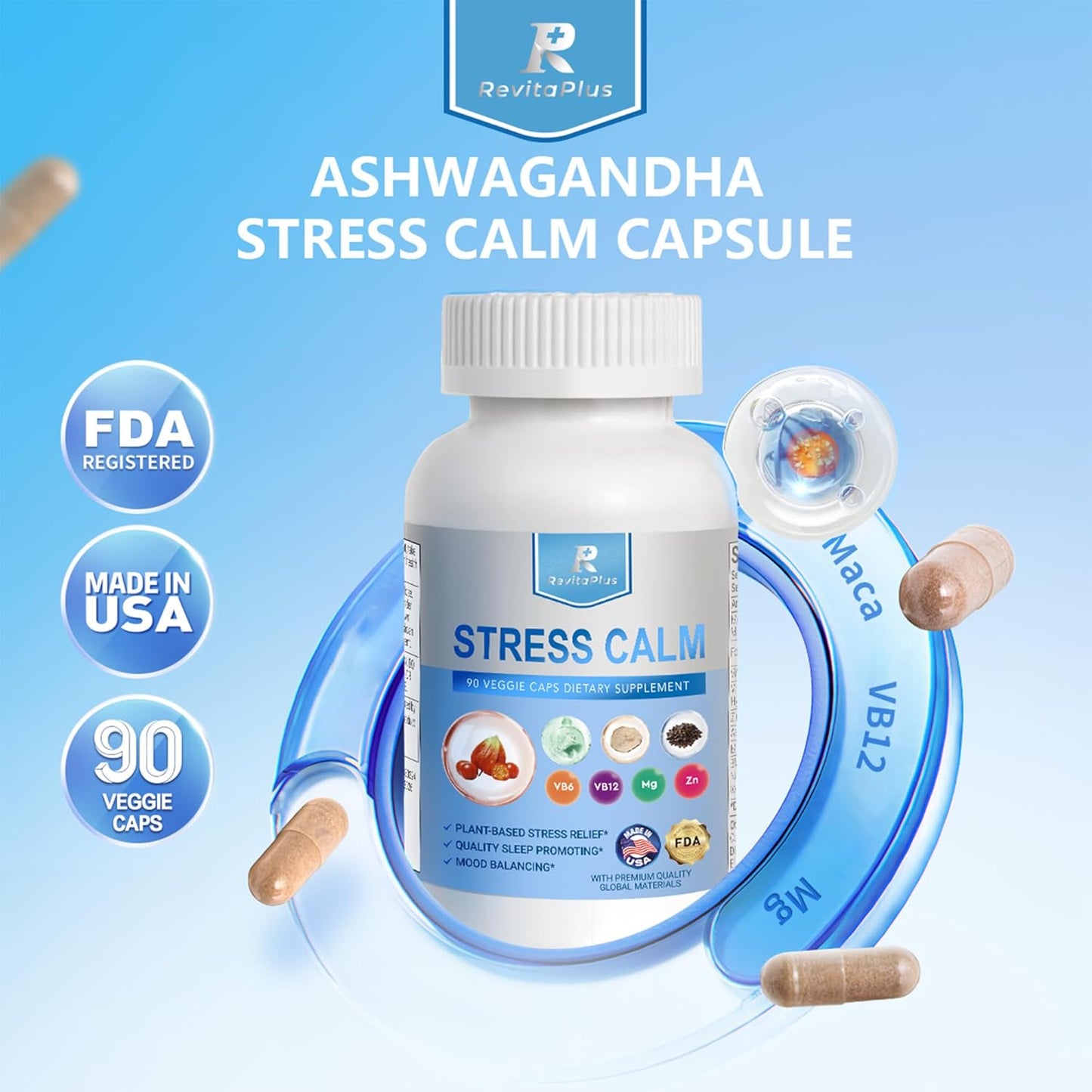 Energy and Calmness Support with Ashwagandha, Maca, Magnesium, Vitamin B6, B12 - Cortisol Supplement for Men and Women - 90 Capsules