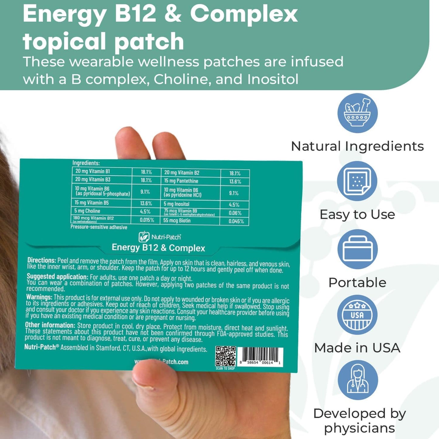 Energy Boost Topical Patch with B12, B Complex, Biotin, and Wellness Ingredients (30 Pack)
