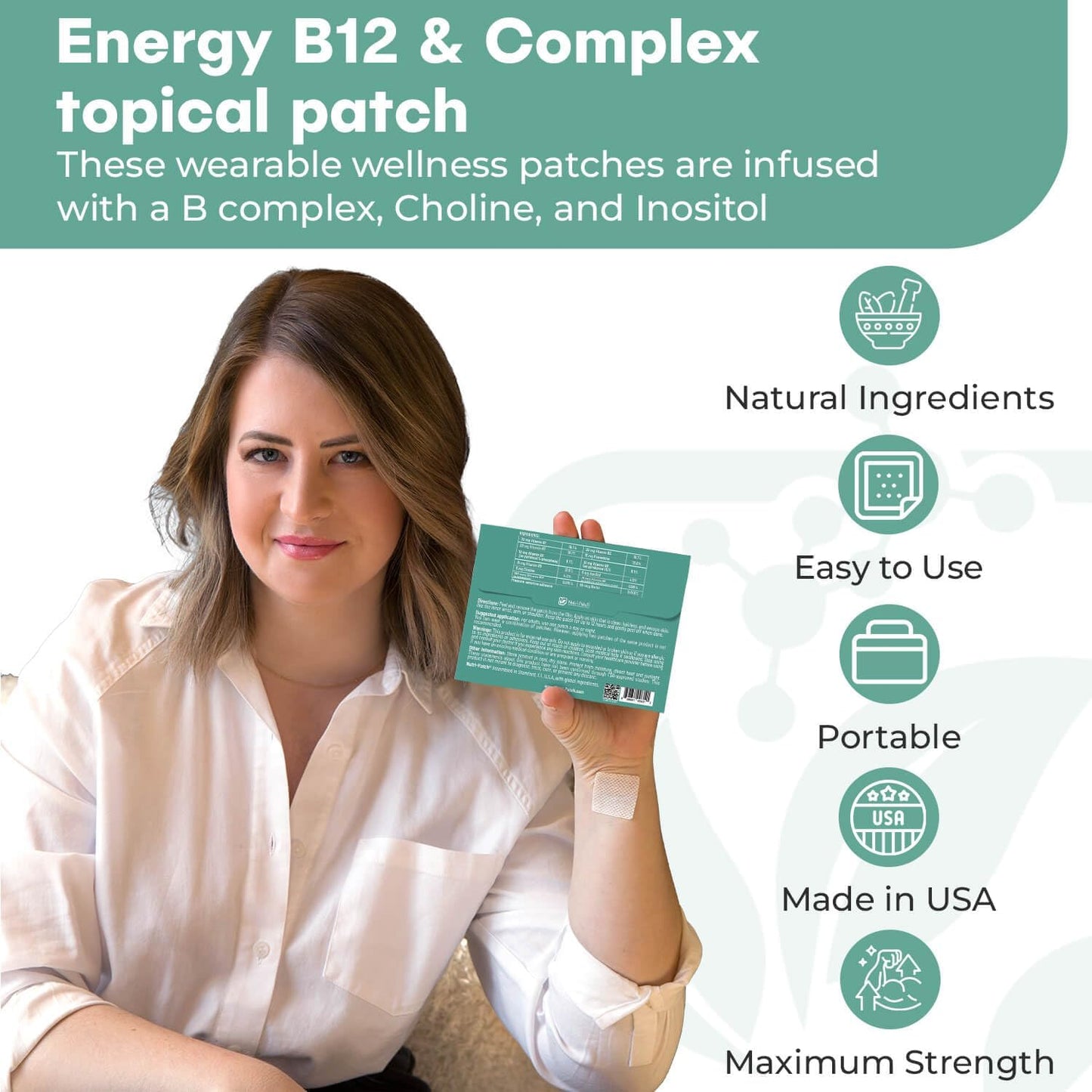 Energy Boost Topical Patch with B12, B Complex, Biotin, and Wellness Ingredients (30 Pack)