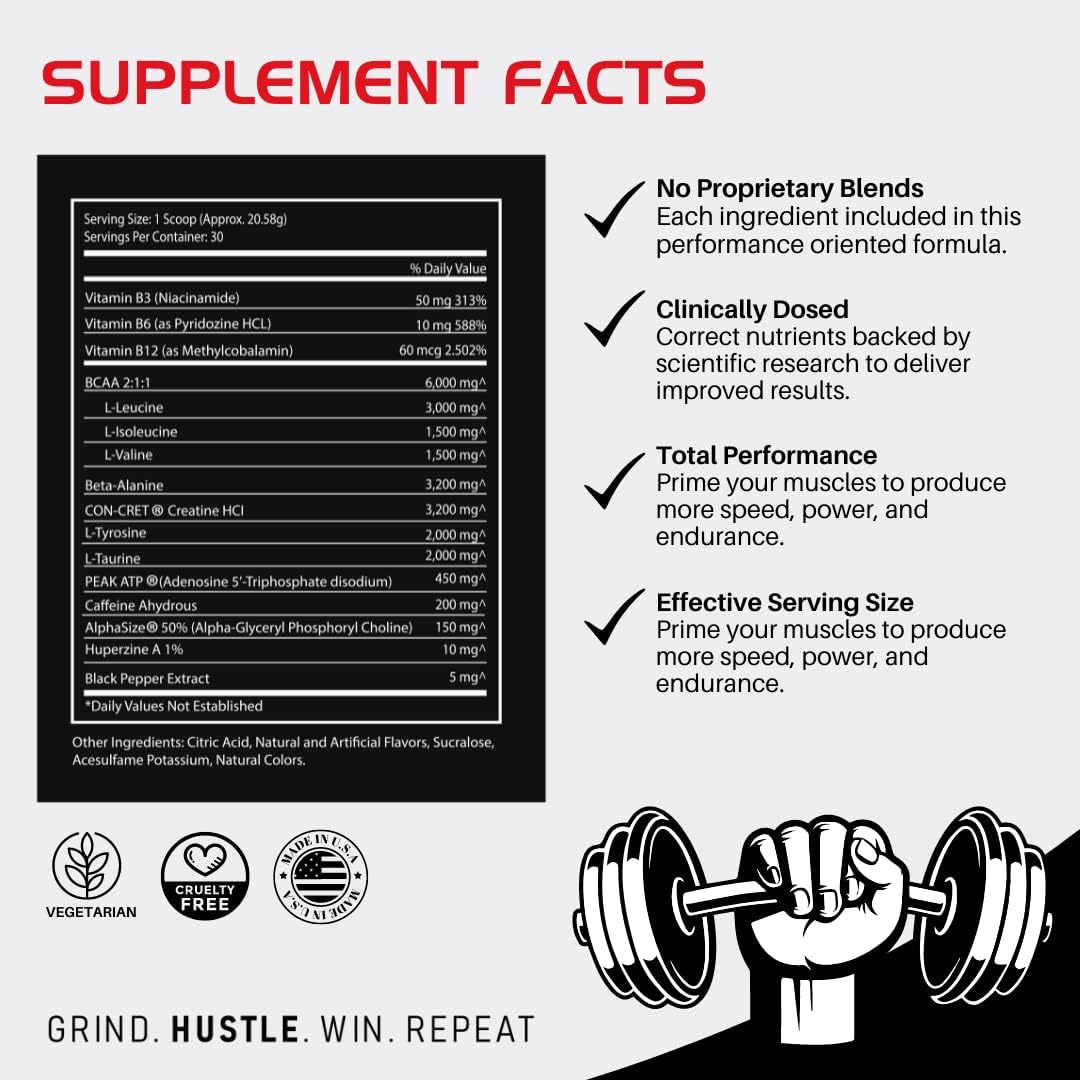 Energy-Boosting BLACKLABEL Supplements PRE Hustle: Pre-Workout with Caffeine, Vitamins, Amino Acids - Enhance Strength, Focus, Endurance, Recovery - 30 Servings
