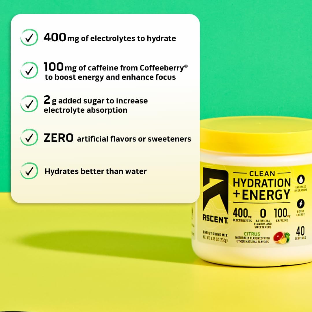 Energy-Boosting Citrus Electrolyte Powder with 100mg Caffeine - 400mg Electrolytes, 40 Servings, No Artificial Ingredients