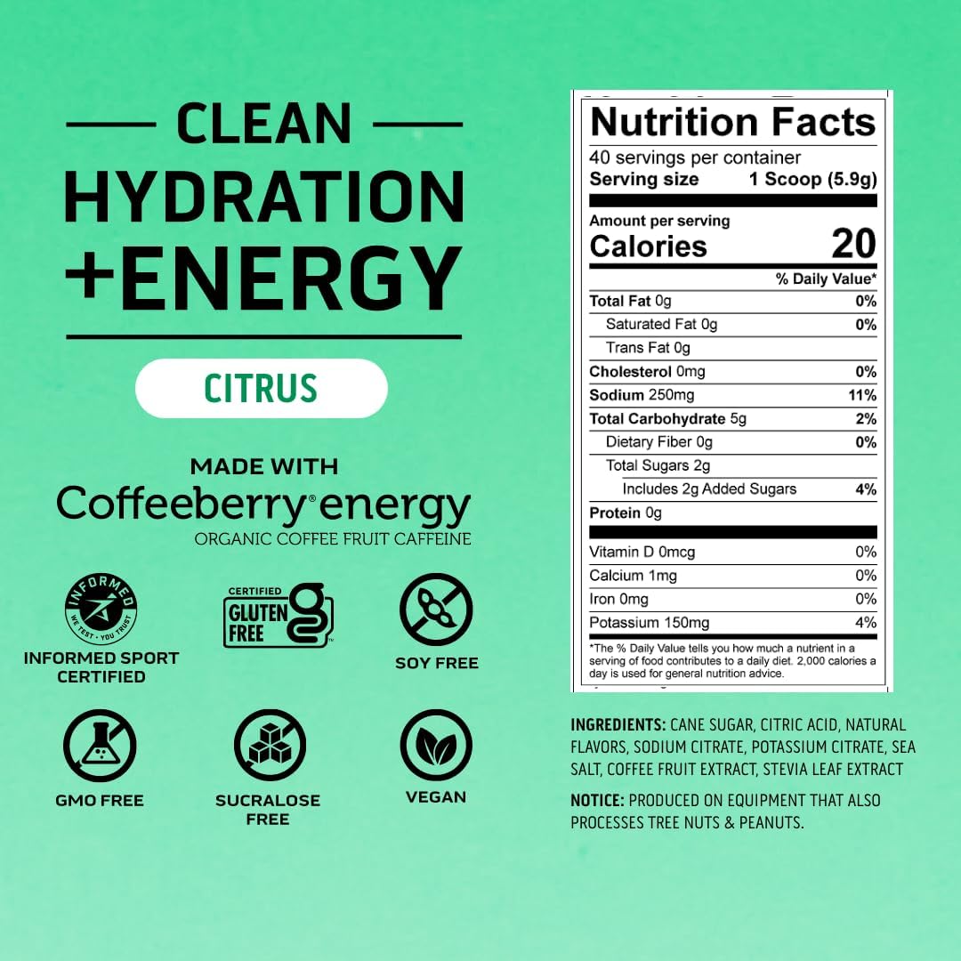 Energy-Boosting Citrus Electrolyte Powder with 100mg Caffeine - 400mg Electrolytes, 40 Servings, No Artificial Ingredients
