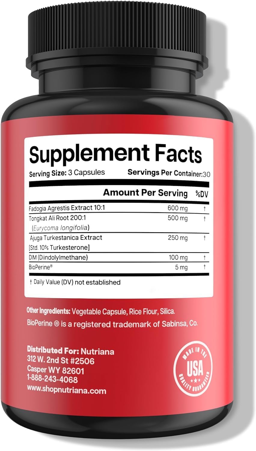 Energy Boosting Complex for Men - Nutriana Longjack Tongkat Ali Fadogia Agrestis & Turkesterone - 90 Capsules, 600mg