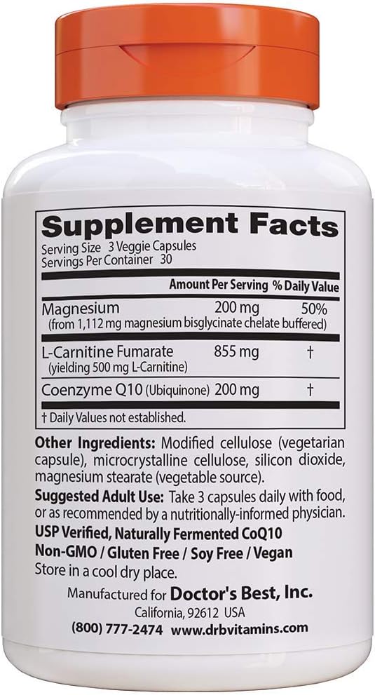 Energy Boosting CoQ10, L-Carnitine, Magnesium Blend for Muscle Recovery - 90 Veggie Caps