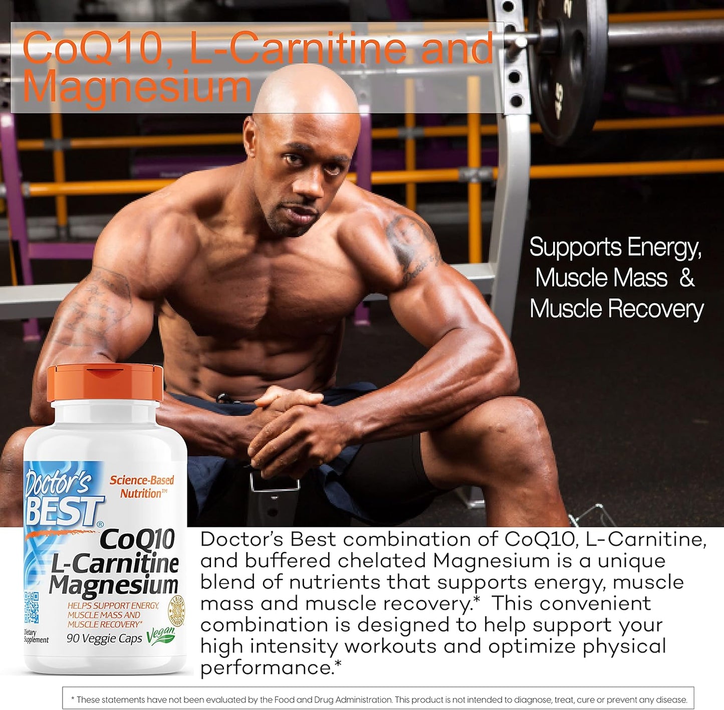 Energy Boosting CoQ10, L-Carnitine, Magnesium Blend for Muscle Recovery - 90 Veggie Caps