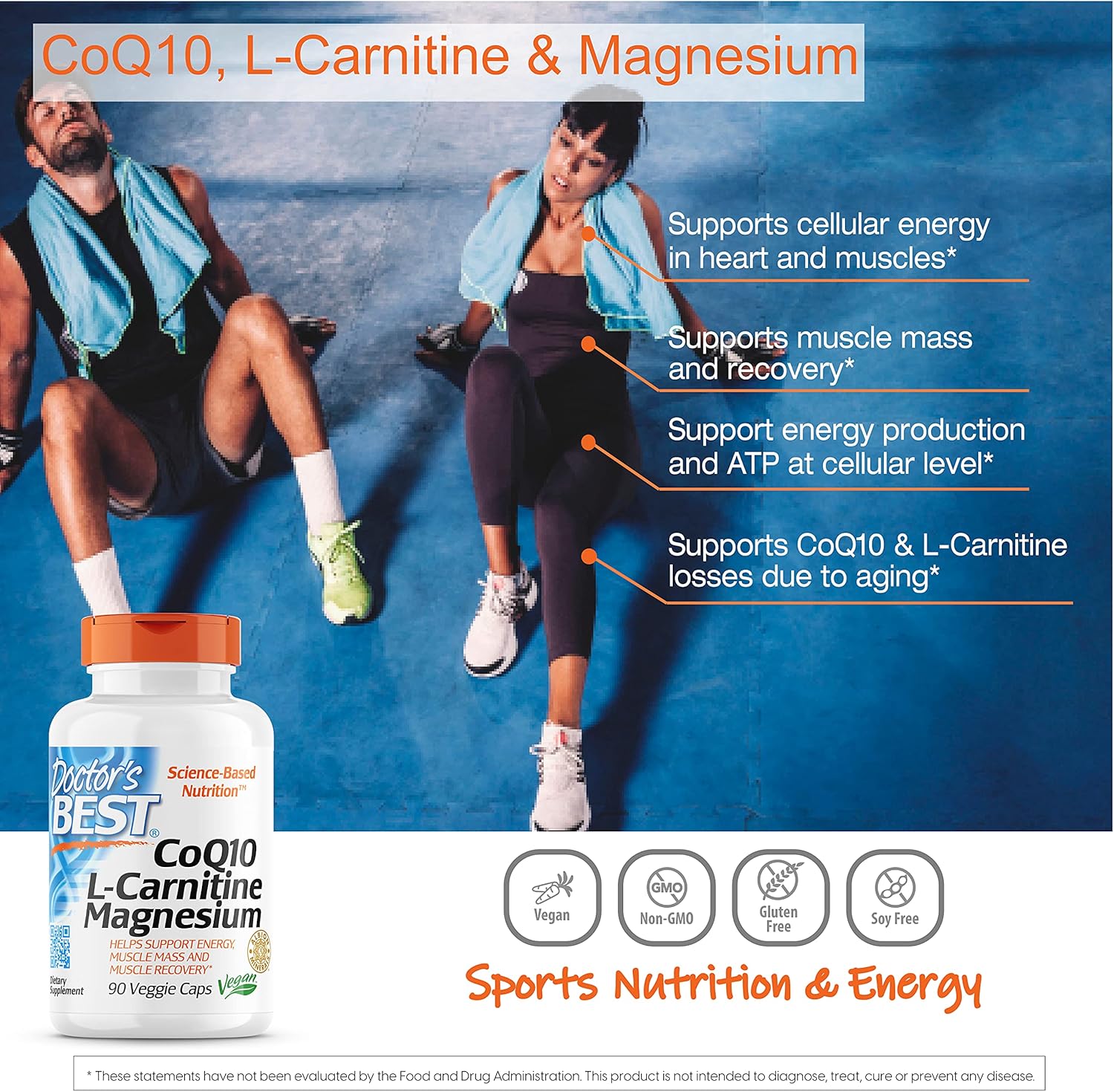 Energy Boosting CoQ10, L-Carnitine, Magnesium Blend for Muscle Recovery - 90 Veggie Caps