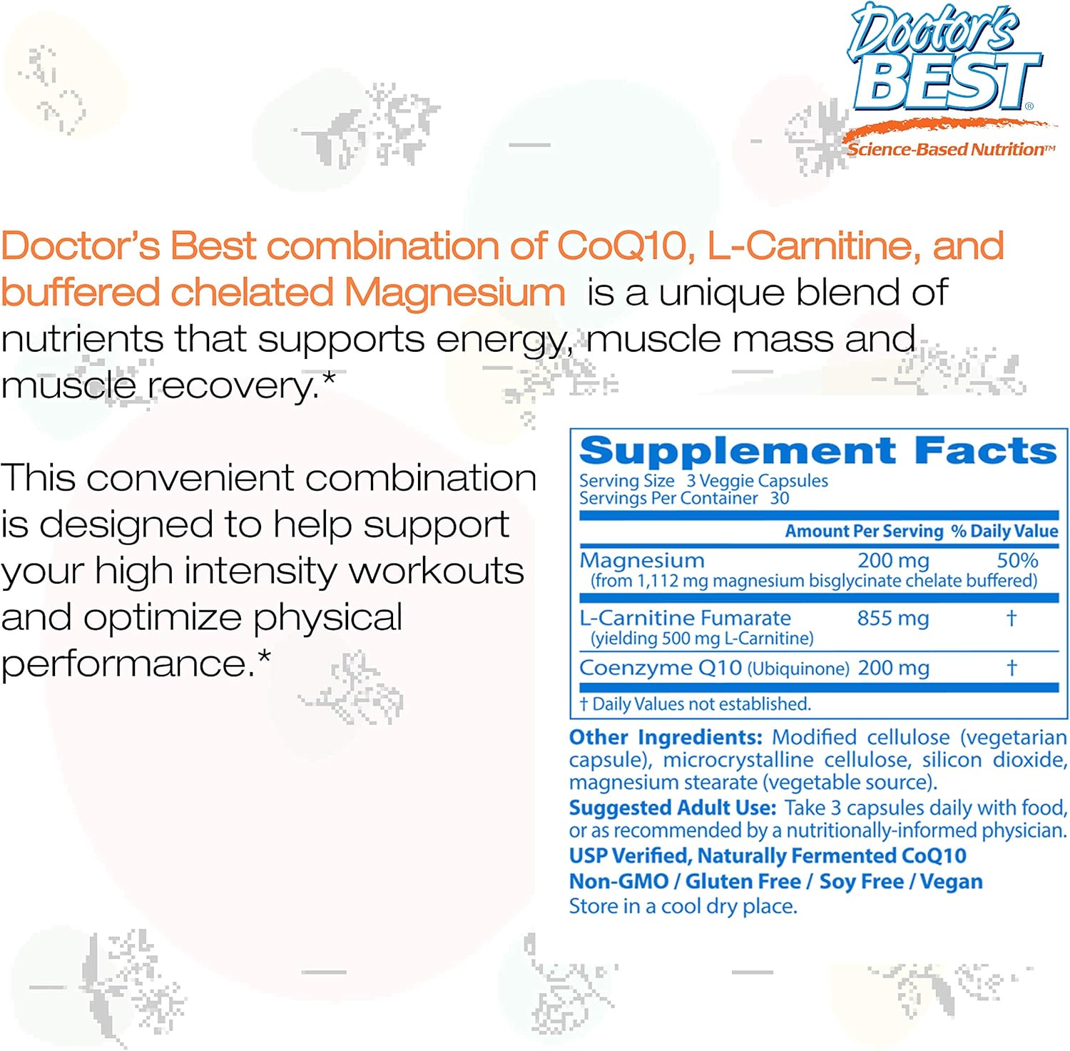 Energy Boosting CoQ10, L-Carnitine, Magnesium Blend for Muscle Recovery - 90 Veggie Caps