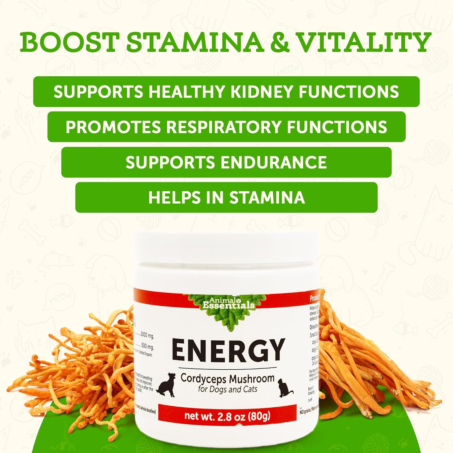 Energy-Boosting Cordyceps Mushroom Supplement for Pets - Enhances Stamina & Respiratory Health, Antioxidant Support - 2.8 Oz