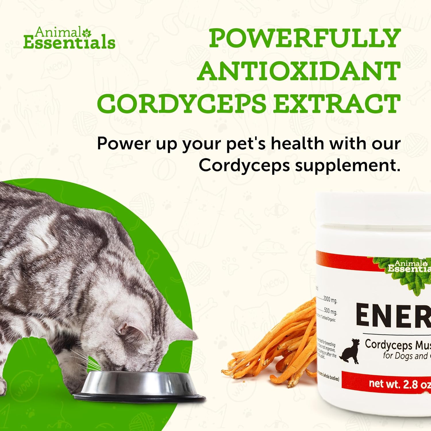 Energy-Boosting Cordyceps Mushroom Supplement for Pets - Enhances Stamina & Respiratory Health, Antioxidant Support - 2.8 Oz