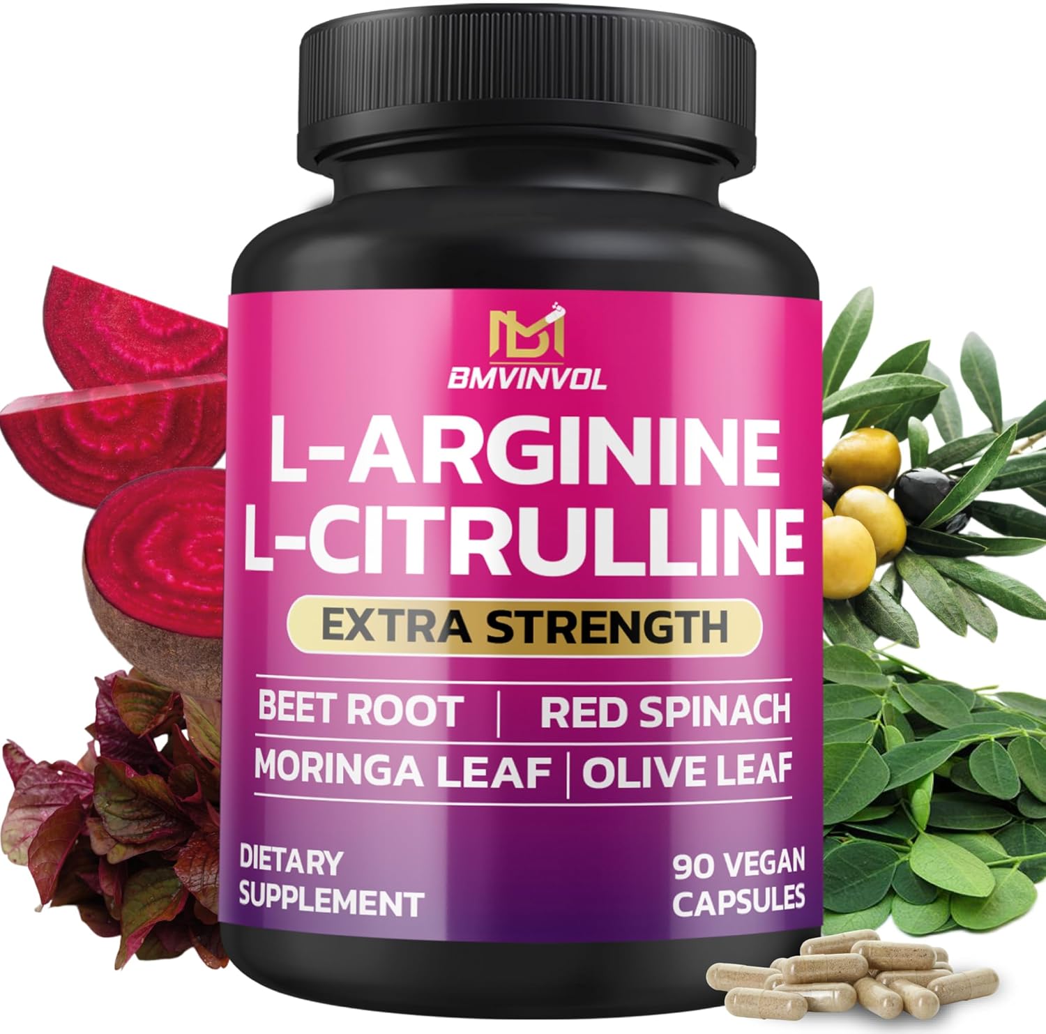 Energy Boosting L Arginine and L Citrulline Supplement with Beet Root, Moringa, Olive, Red Spinach - 90 Capsules