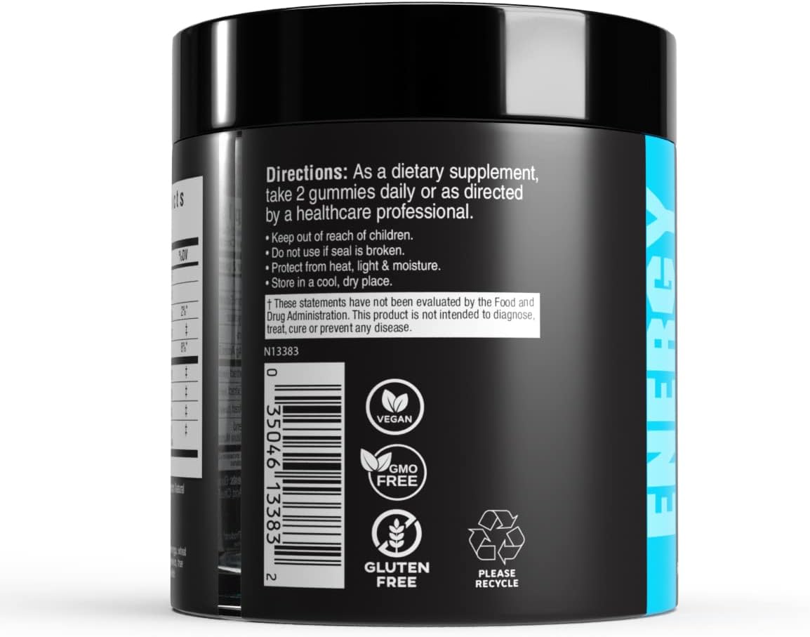 Energy-Boosting Pre Workout Gummies with Beta Alanine and Green Tea Extract, Focus Nootropic Blend, Natural Beet Root, Blue Raspberry Flavor, 60 Gummies