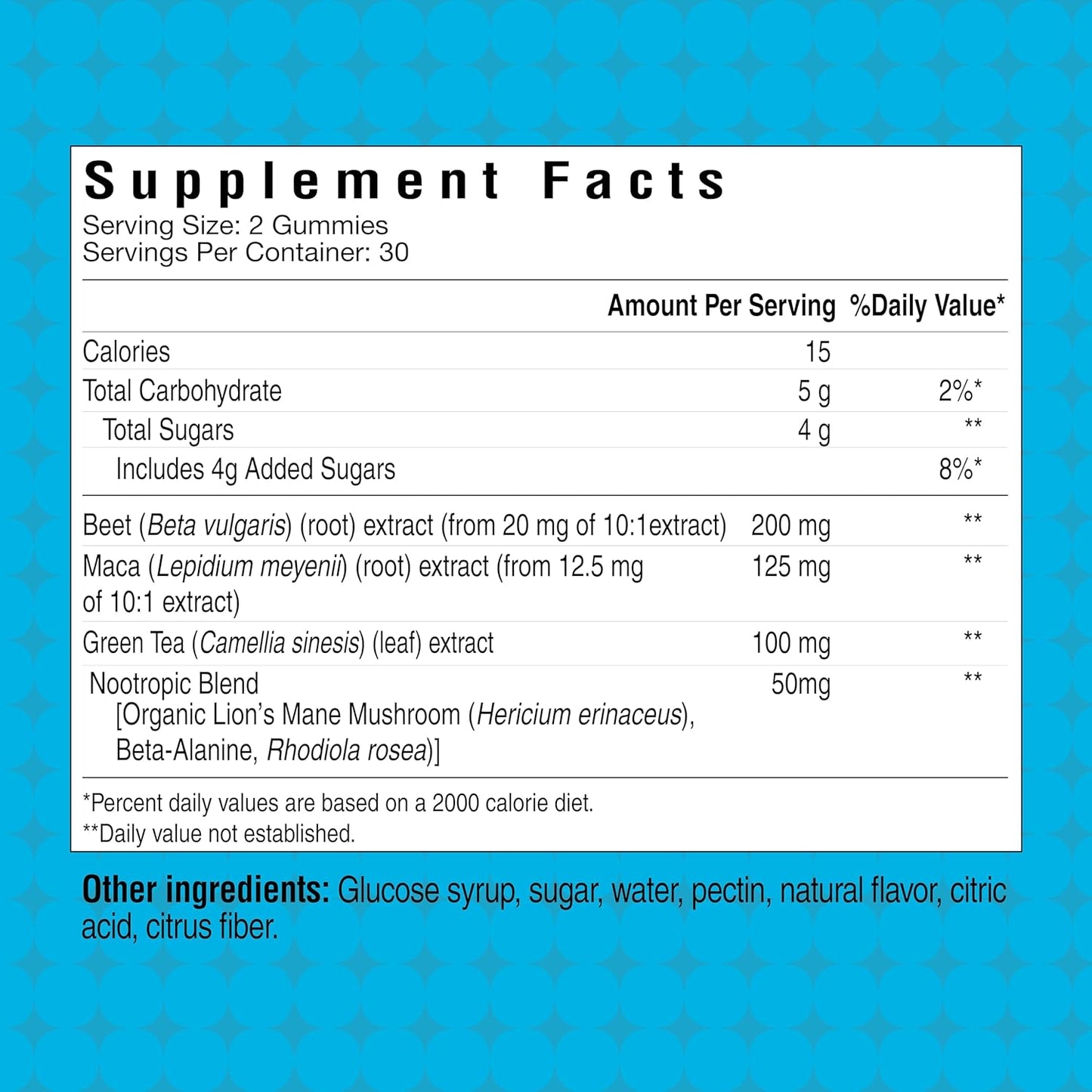 Energy-Boosting Pre Workout Gummies with Beta Alanine and Green Tea Extract, Focus Nootropic Blend, Natural Beet Root, Blue Raspberry Flavor, 60 Gummies
