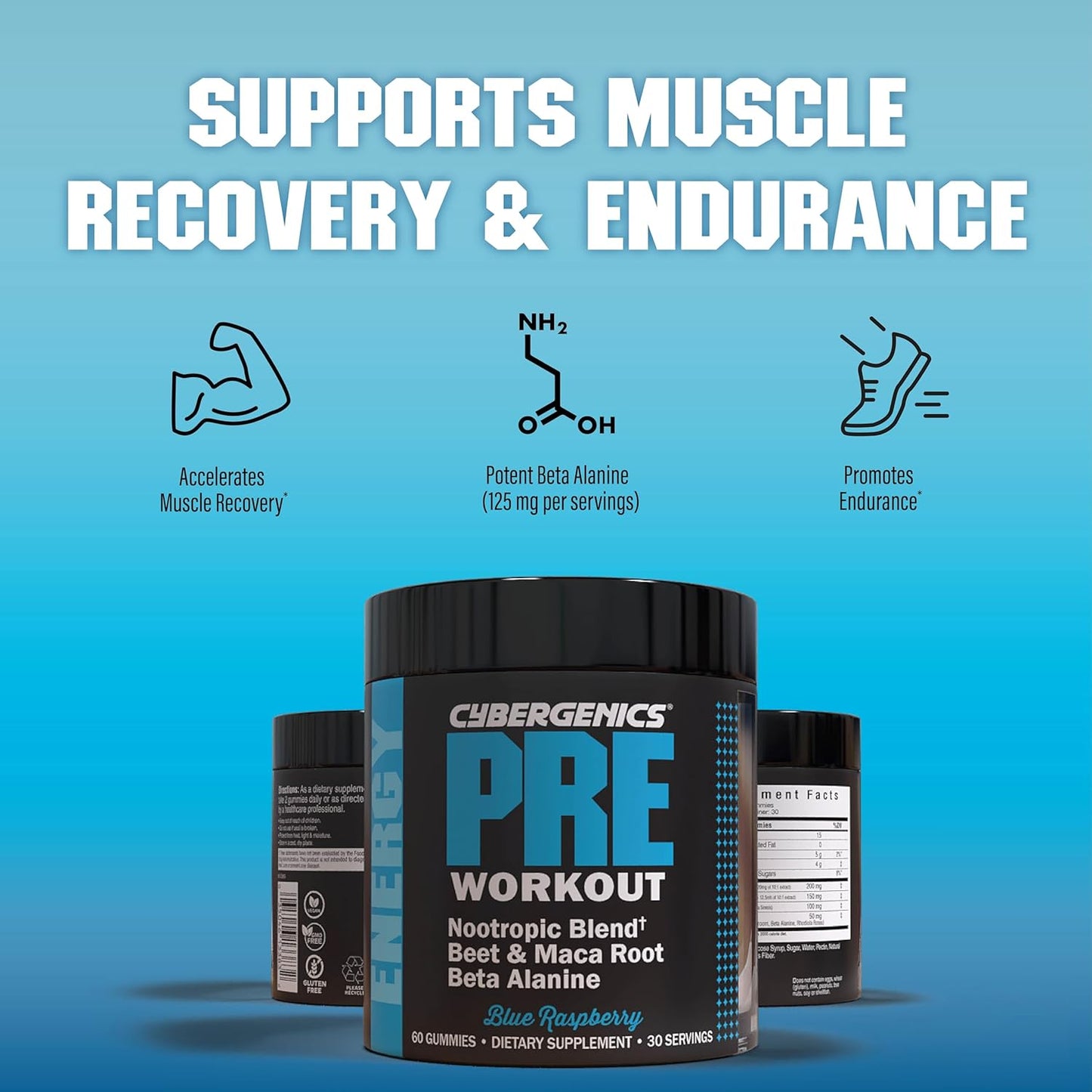 Energy-Boosting Pre Workout Gummies with Beta Alanine and Green Tea Extract, Focus Nootropic Blend, Natural Beet Root, Blue Raspberry Flavor, 60 Gummies