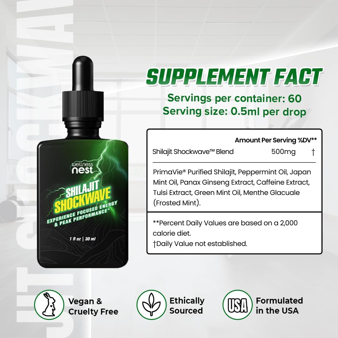 Energy-Boosting Shilajit Shockwave Drops with Tulsi, Panax Ginseng, and Peppermint - Pure Himalayan Formula for Focus and Vitality - 30 Servings