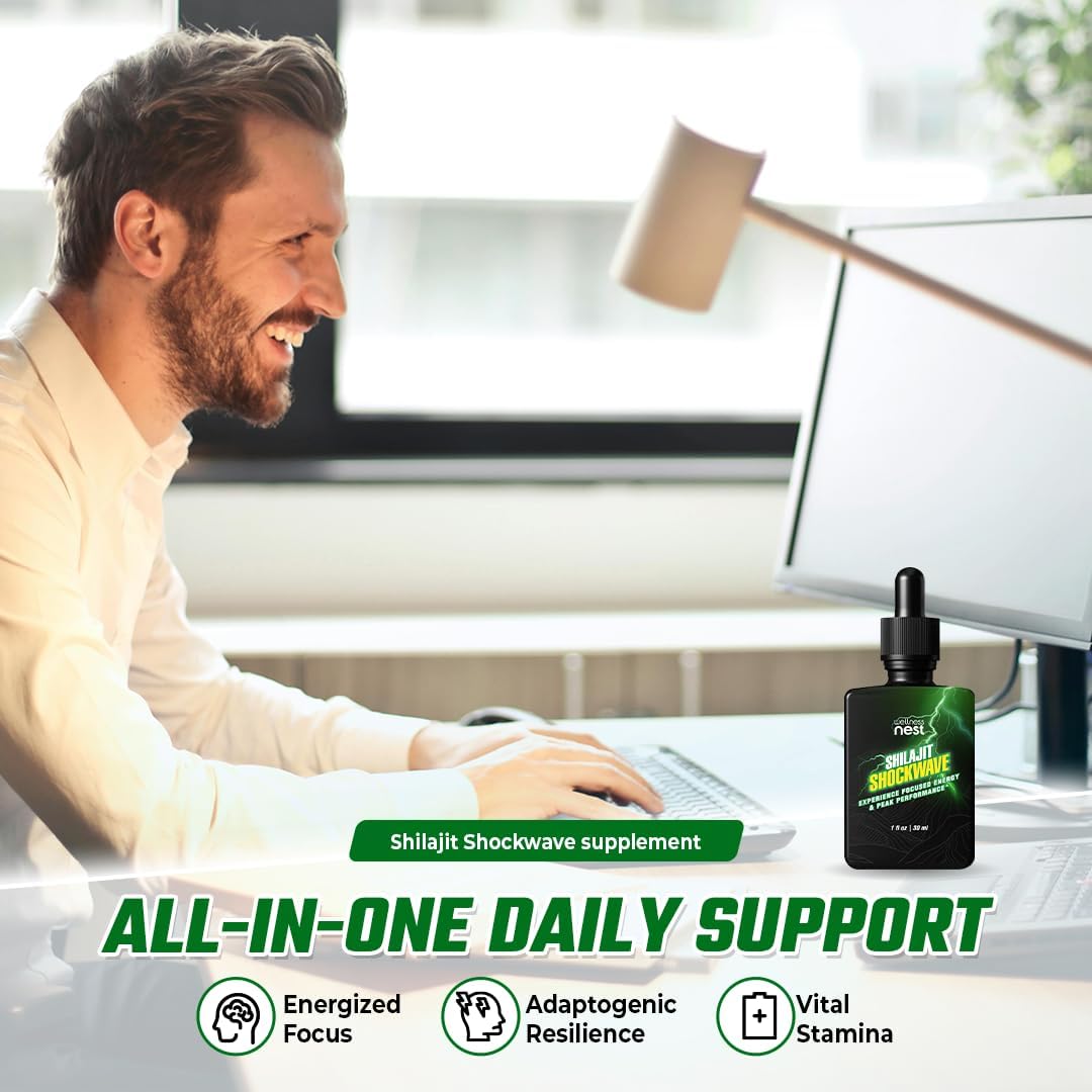Energy-Boosting Shilajit Shockwave Drops with Tulsi, Panax Ginseng, and Peppermint - Pure Himalayan Formula for Focus and Vitality - 30 Servings