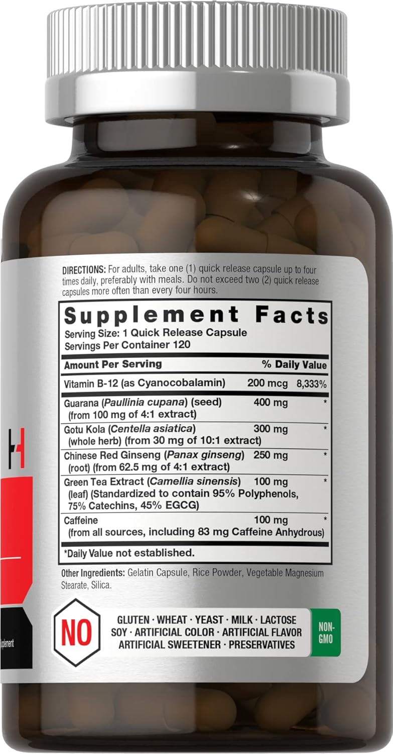 Energy Boosting Supplement with Caffeine, Ginseng, and Vitamin B12 - 120 Capsules | Non-GMO and Gluten Free