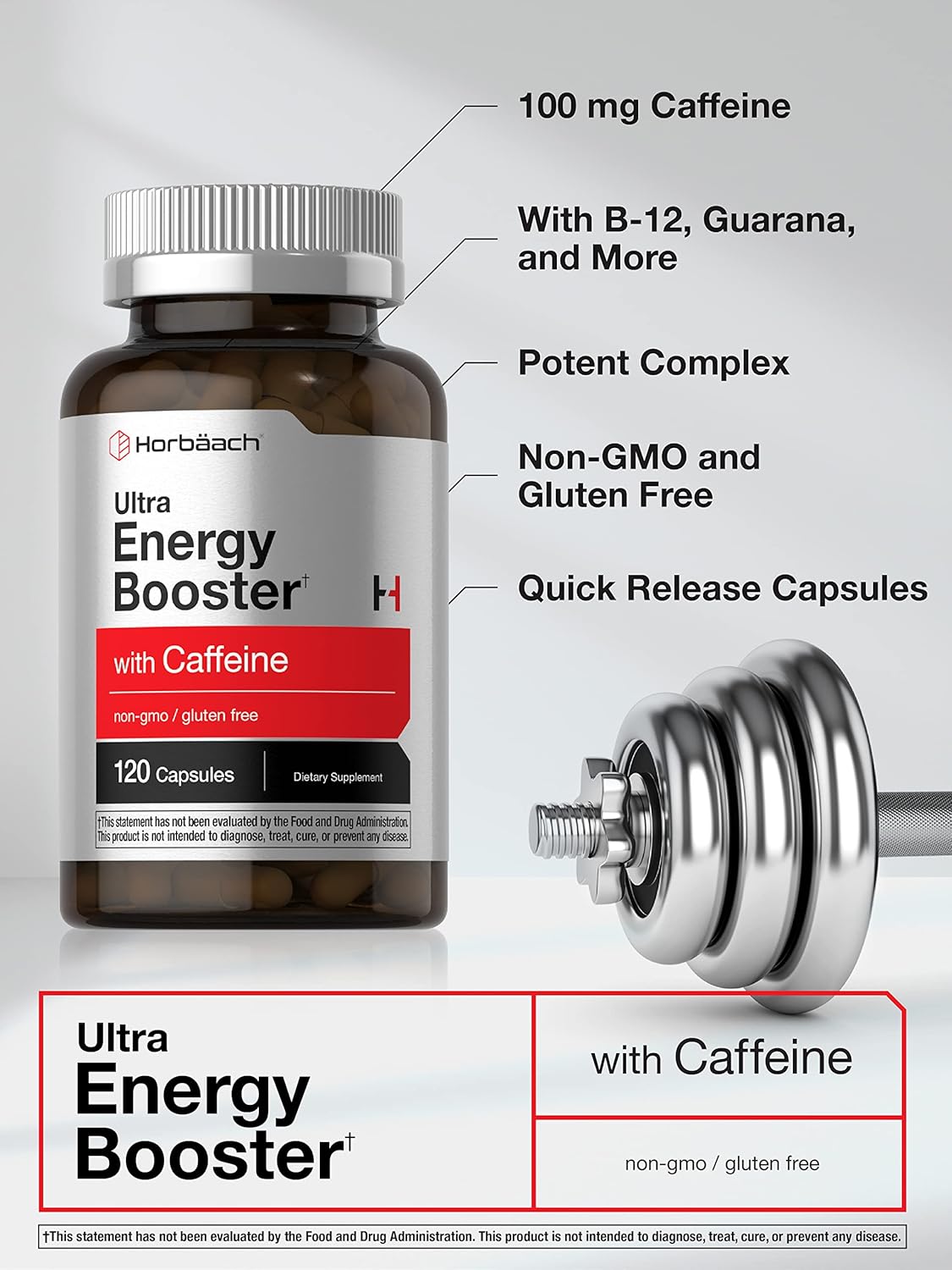 Energy Boosting Supplement with Caffeine, Ginseng, and Vitamin B12 - 120 Capsules | Non-GMO and Gluten Free