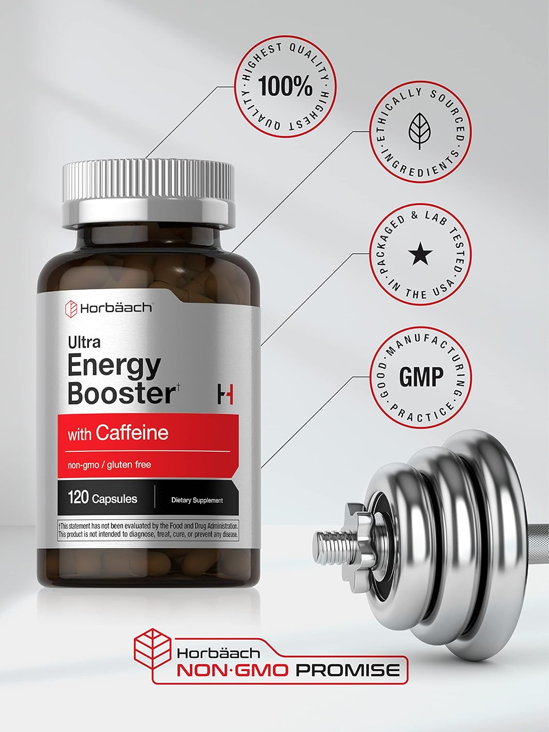 Energy Boosting Supplement with Caffeine, Ginseng, and Vitamin B12 - 120 Capsules | Non-GMO and Gluten Free