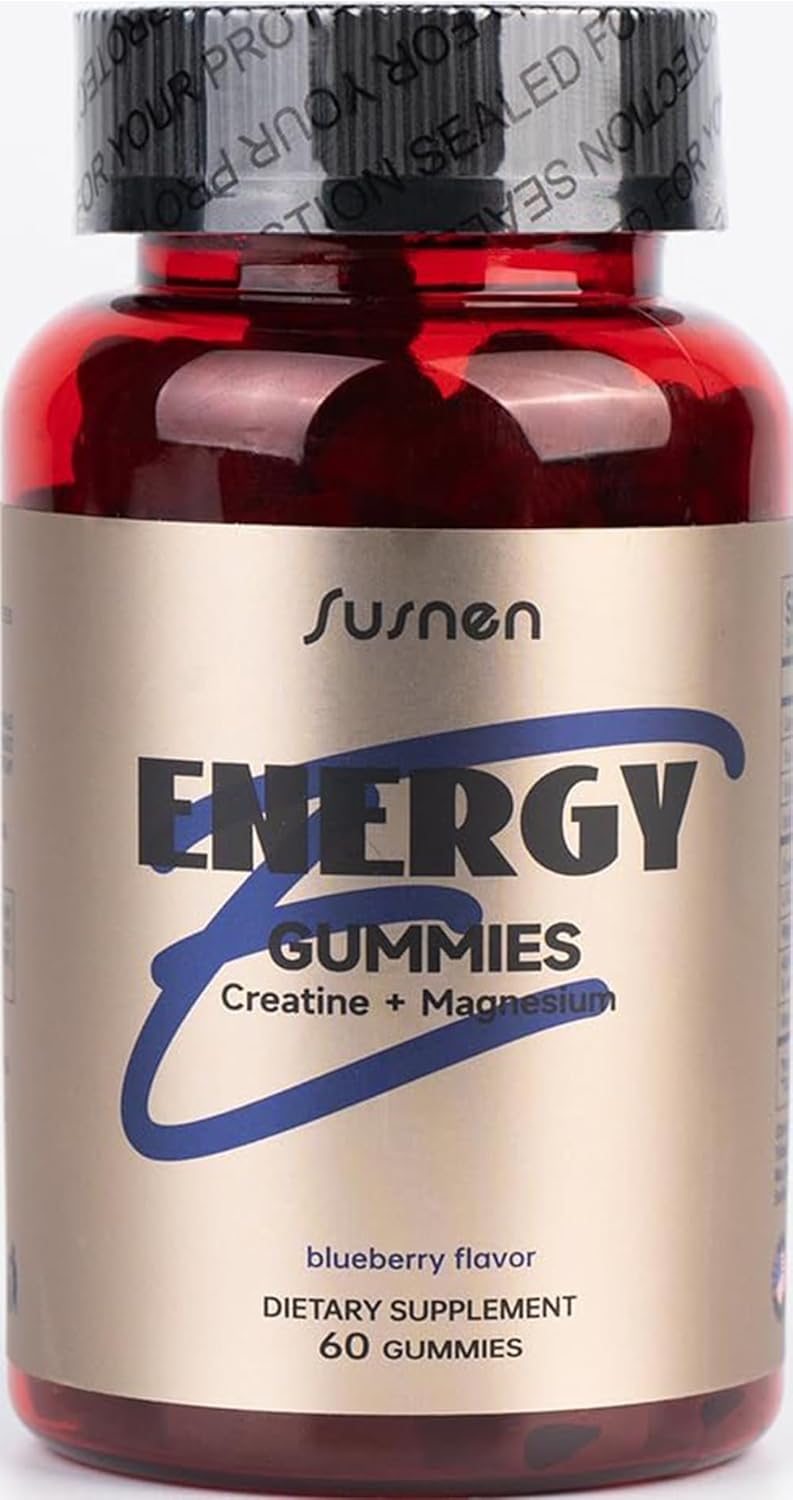Energy Boosting Vegan Blueberry Gummies with 5g Creatine Monohydrate - Muscle Builder Pre-Workout Supplement with L-Taurine and Vitamin B12, 60 Gummies Sugar-Free Formula