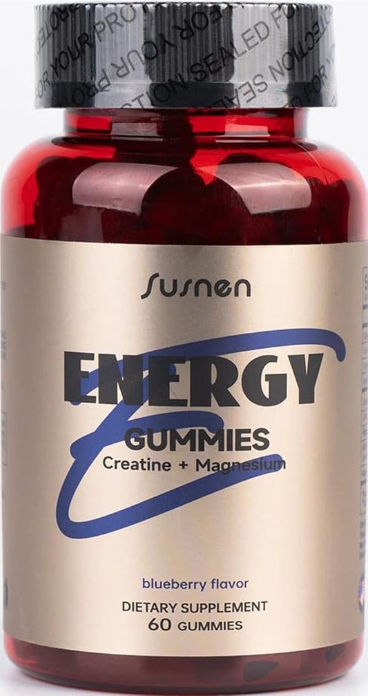 Energy Boosting Vegan Blueberry Gummies with 5g Creatine Monohydrate - Muscle Builder Pre-Workout Supplement with L-Taurine and Vitamin B12, 60 Gummies Sugar-Free Formula