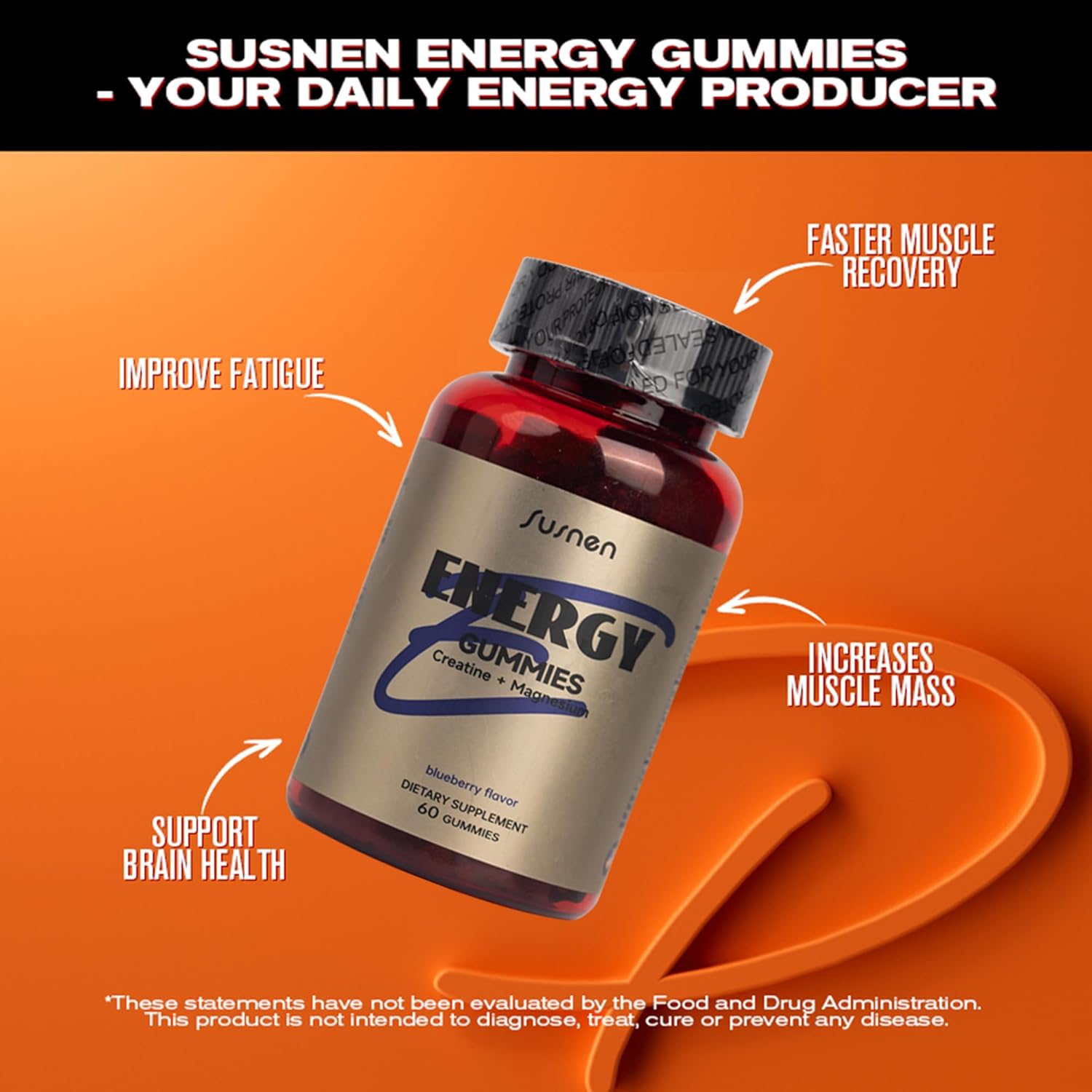 Energy Boosting Vegan Blueberry Gummies with 5g Creatine Monohydrate - Muscle Builder Pre-Workout Supplement with L-Taurine and Vitamin B12, 60 Gummies Sugar-Free Formula