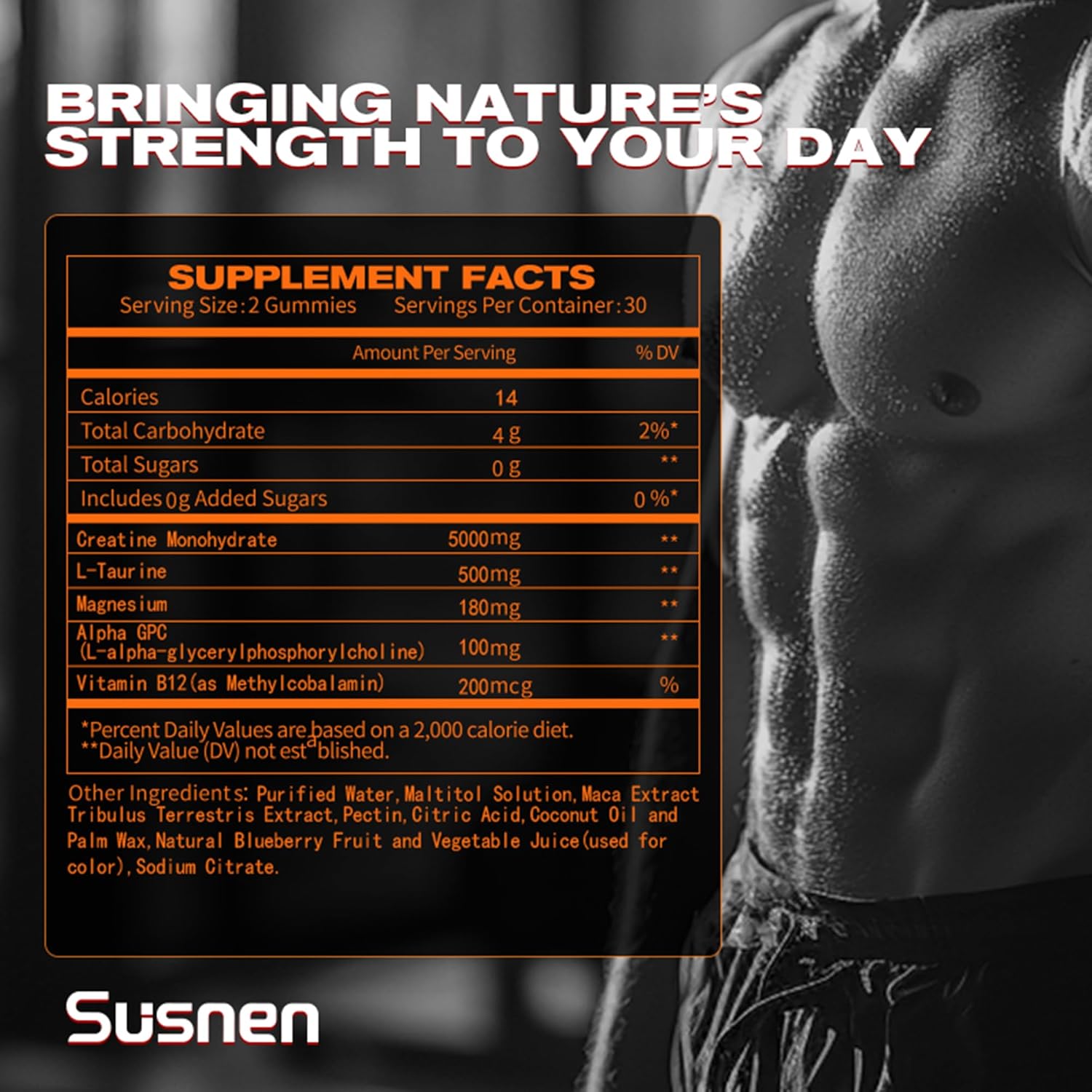 Energy Boosting Vegan Blueberry Gummies with 5g Creatine Monohydrate - Muscle Builder Pre-Workout Supplement with L-Taurine and Vitamin B12, 60 Gummies Sugar-Free Formula